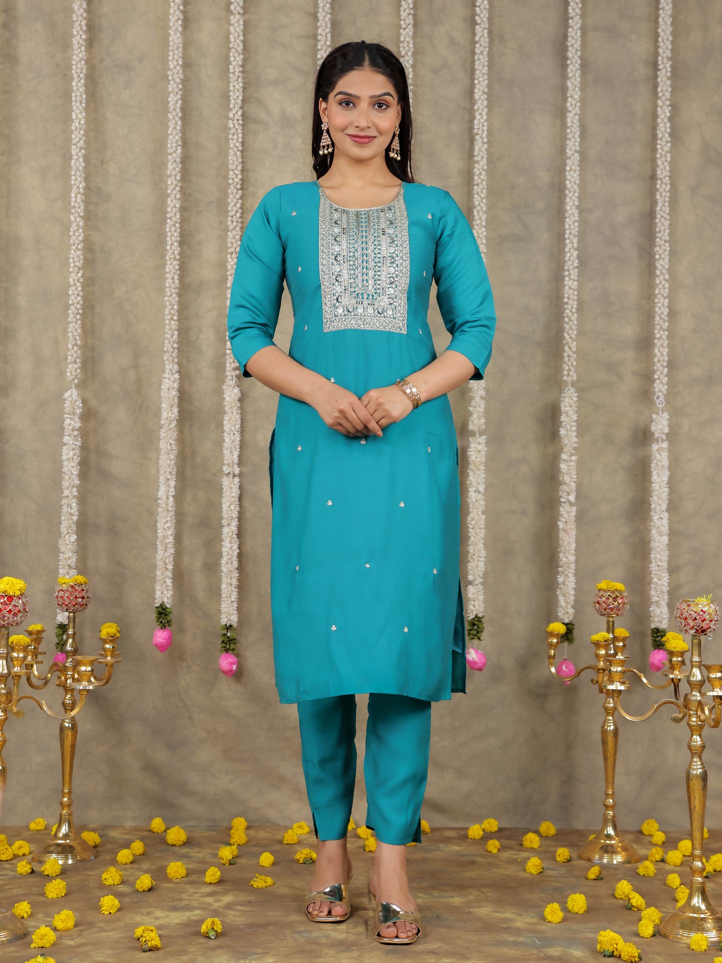 Embroidered Romen silk Solid Sea Green Kurta