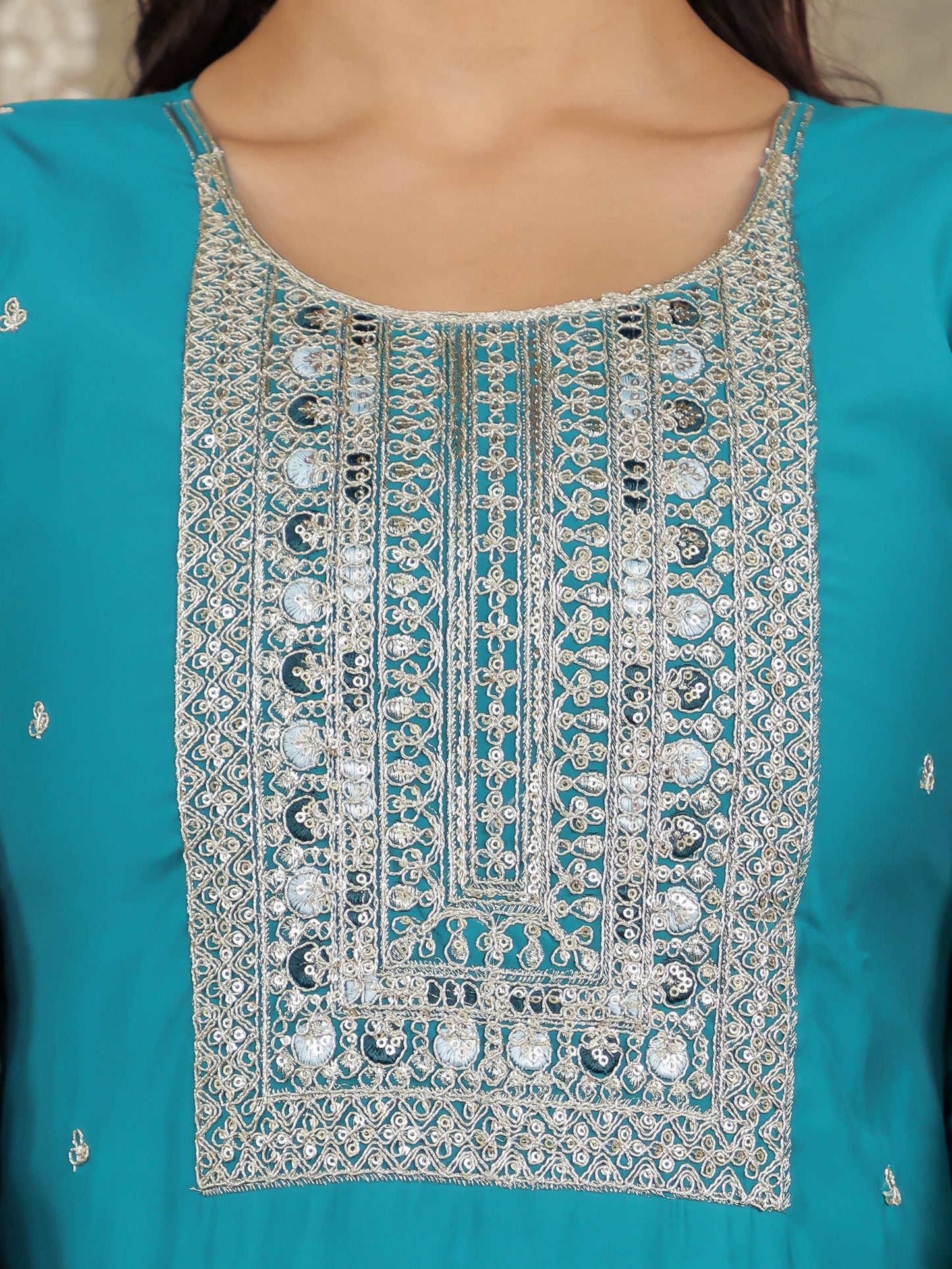 Embroidered Romen silk Solid Sea Green Kurta