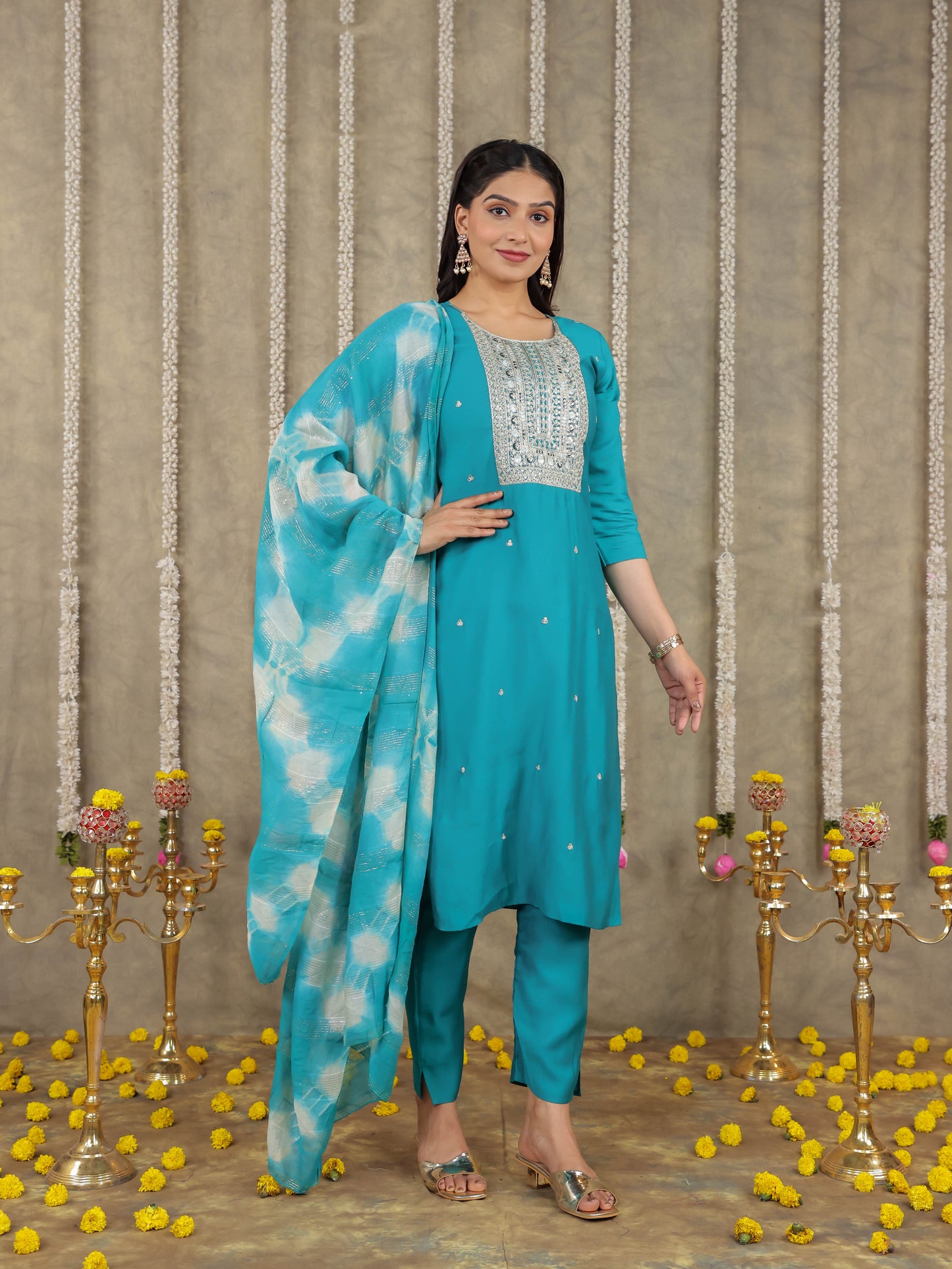 Embroidered Romen silk Solid Sea Green Kurta