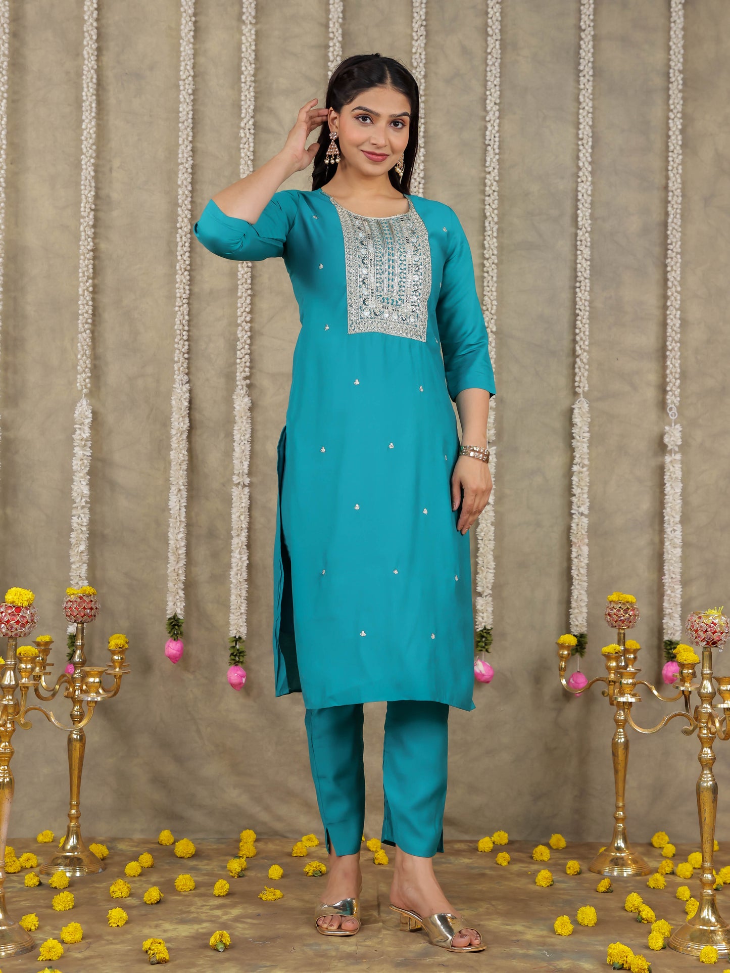 Embroidered Romen silk Solid Sea Green Kurta