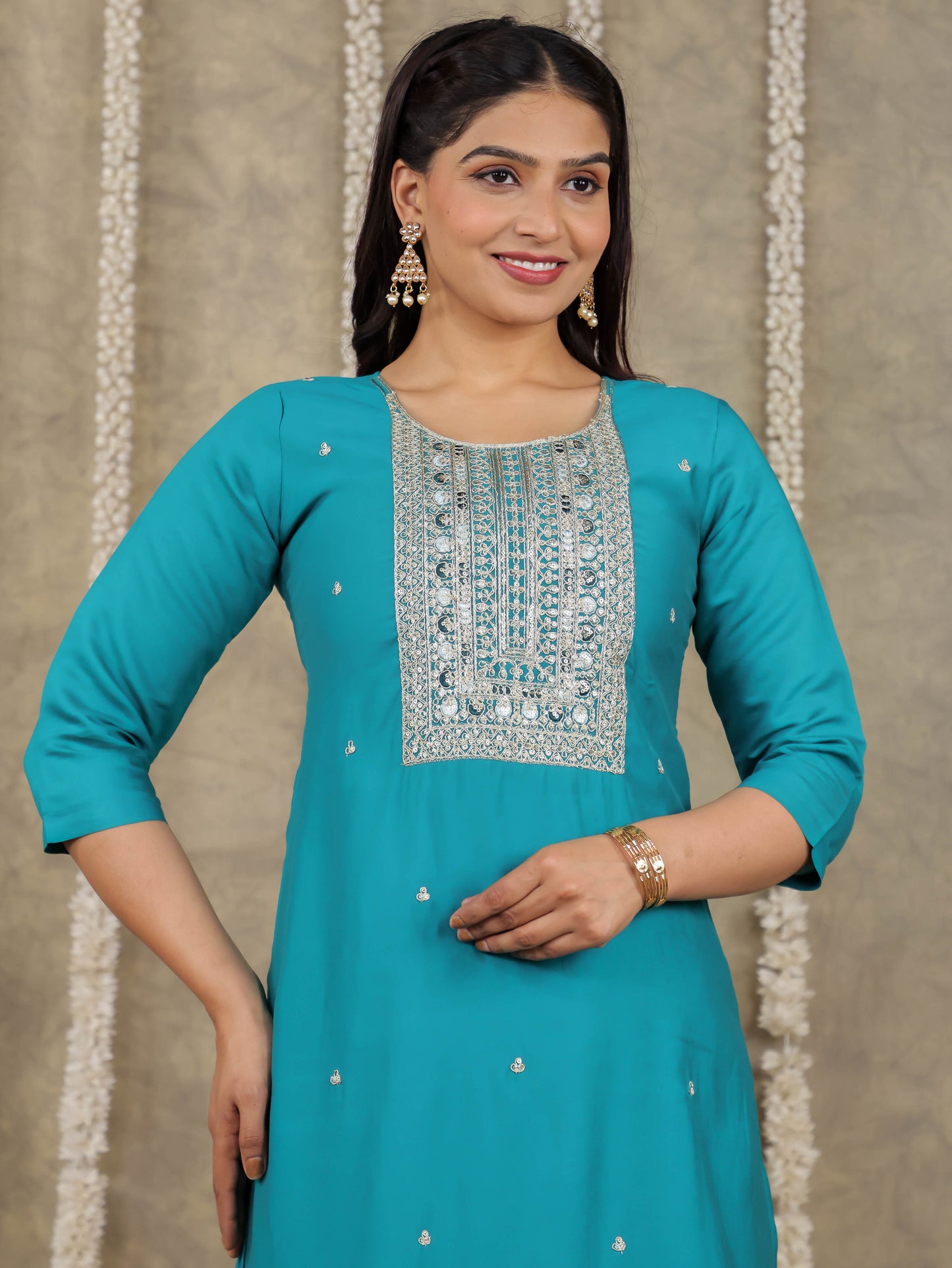 Embroidered Romen silk Solid Sea Green Kurta
