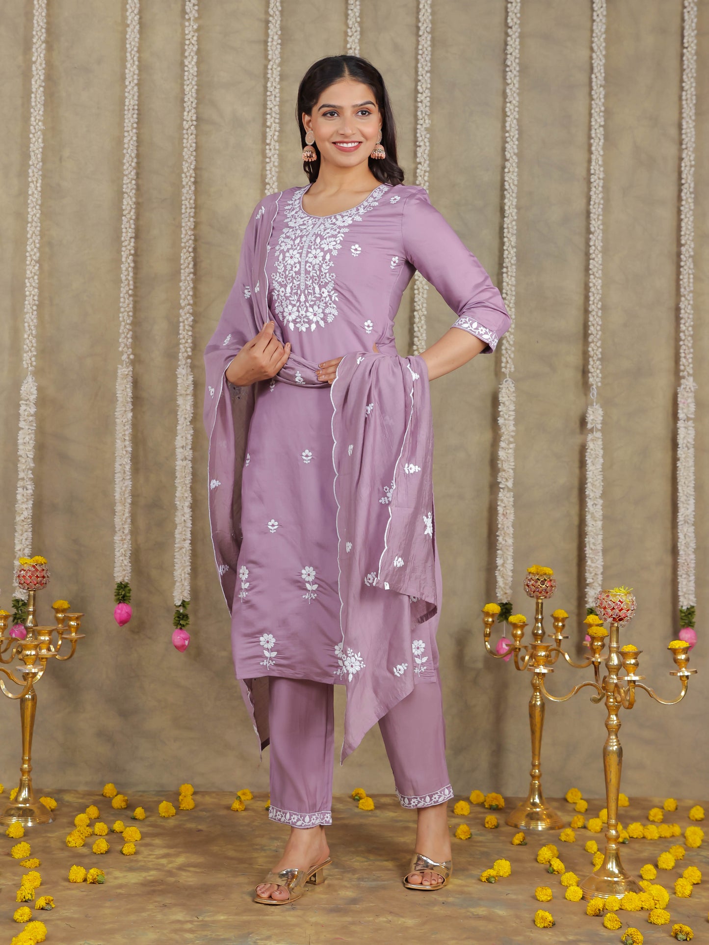 Embroidered Romen silk Solid Purple Kurta