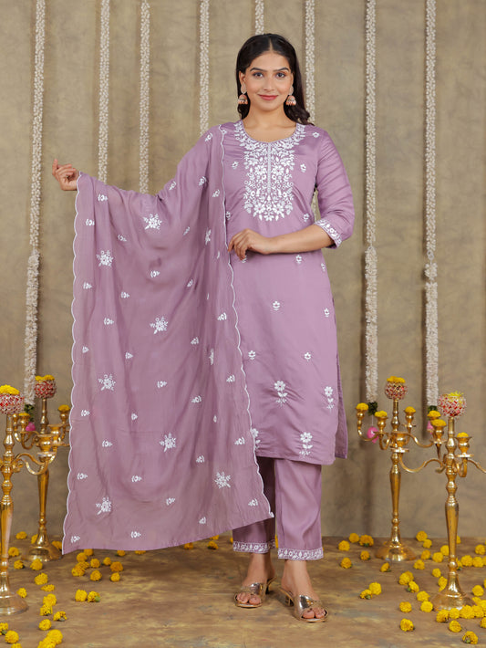 Embroidered Romen silk Solid Purple Kurta