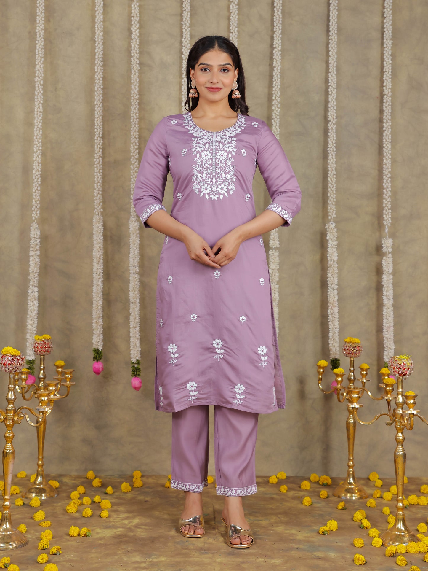 Embroidered Romen silk Solid Purple Kurta