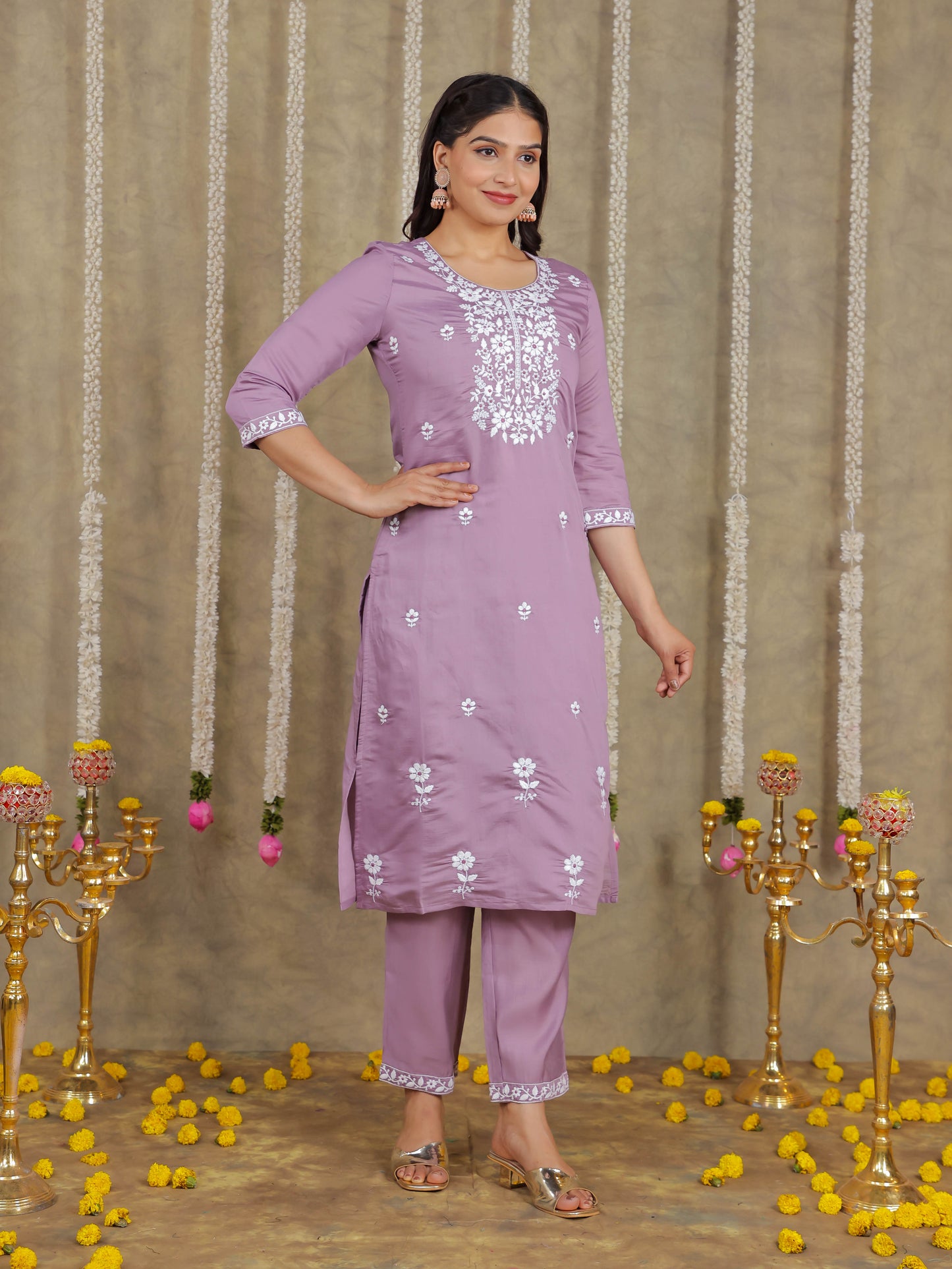 Embroidered Romen silk Solid Purple Kurta
