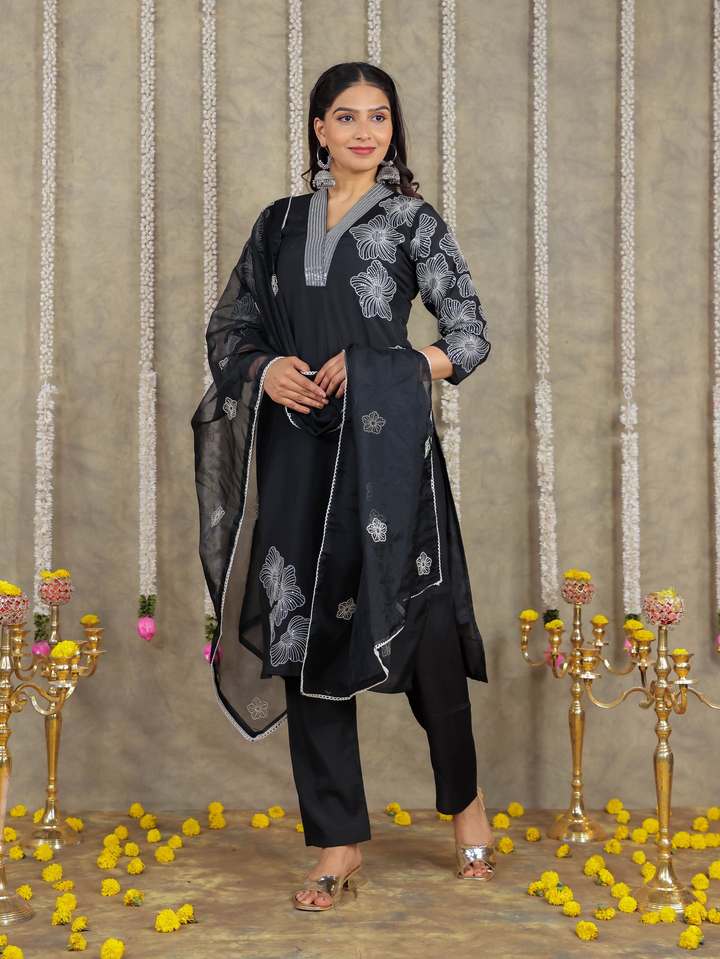 Embroidered Romen silk Solid Black Kurta