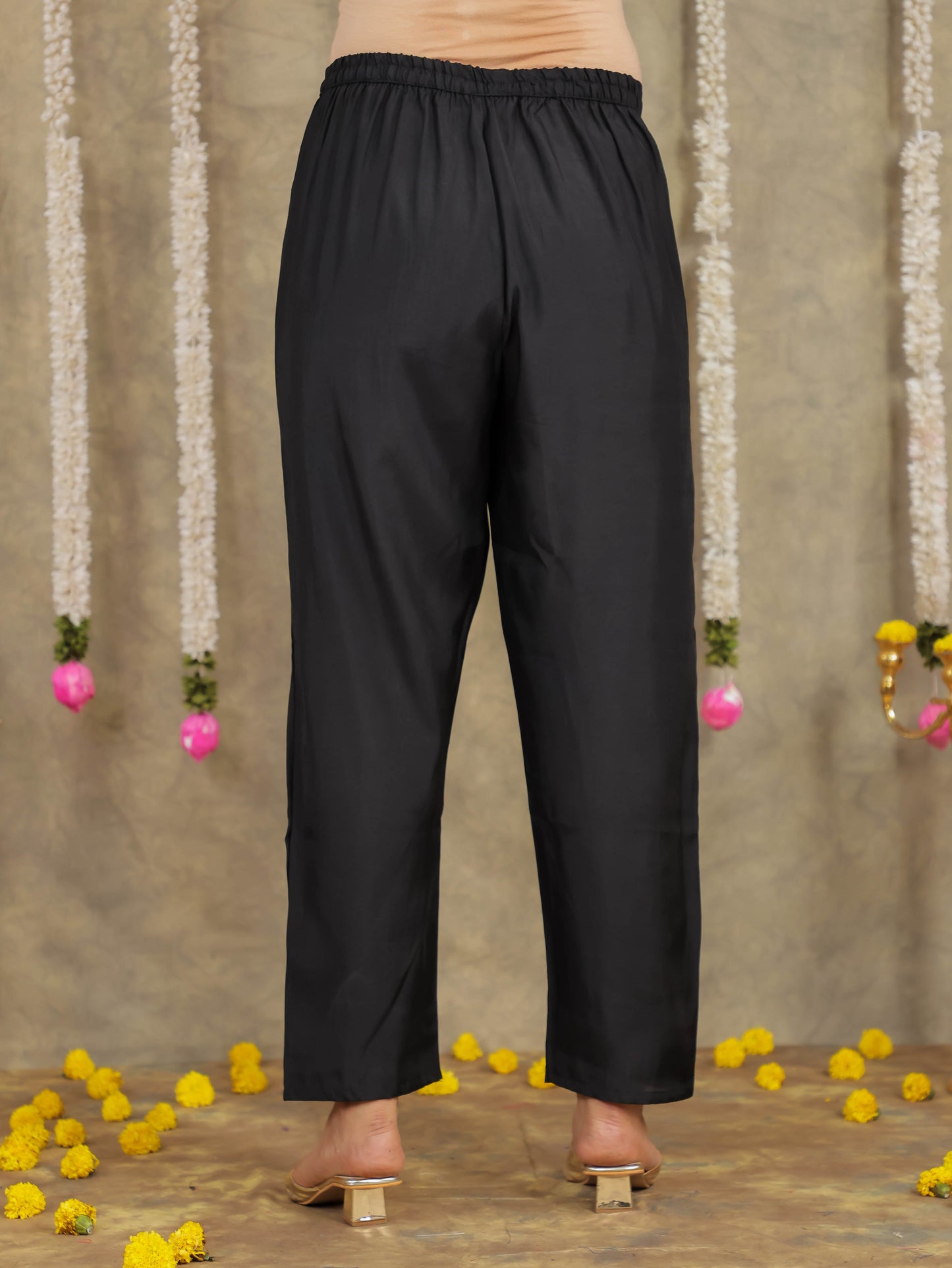 Embroidered Romen silk Solid Black Kurta