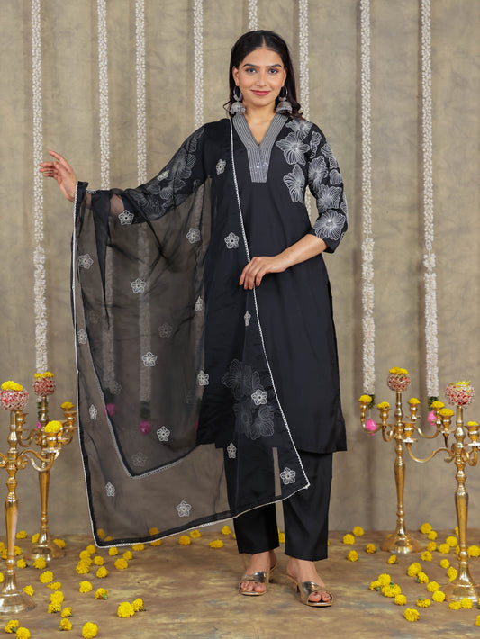 Embroidered Romen silk Solid Black Kurta