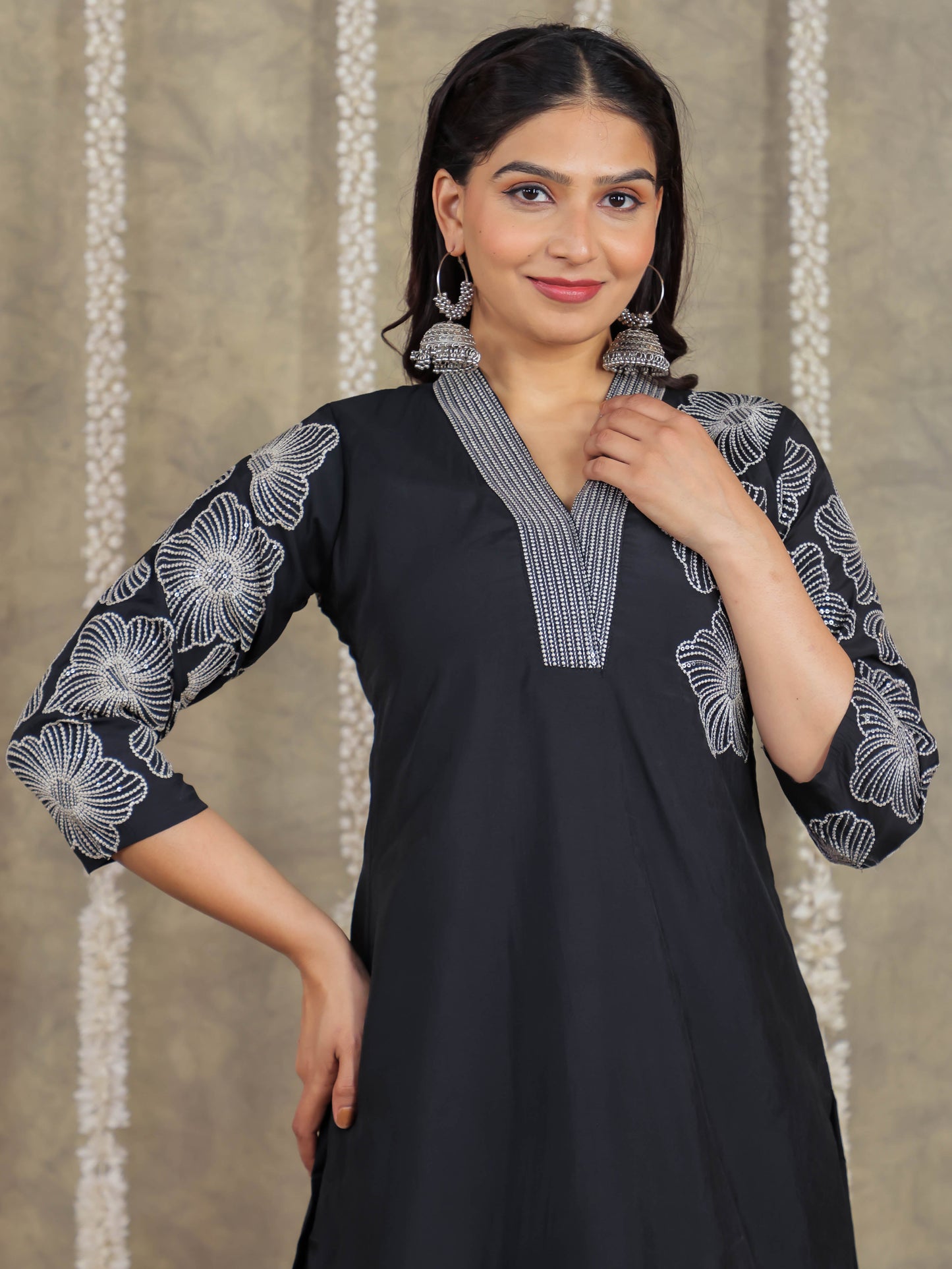 Embroidered Romen silk Solid Black Kurta