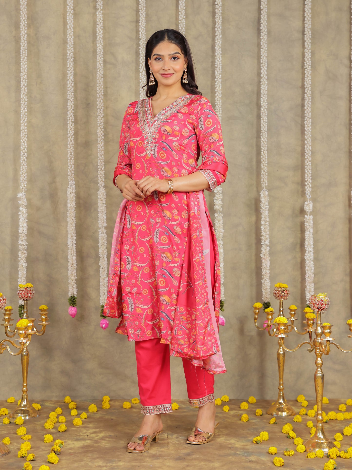 Embroidered Romen silk Floral Pink Kurta