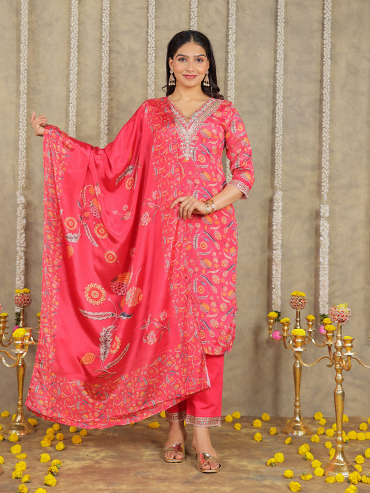 Embroidered Romen silk Floral Pink Kurta