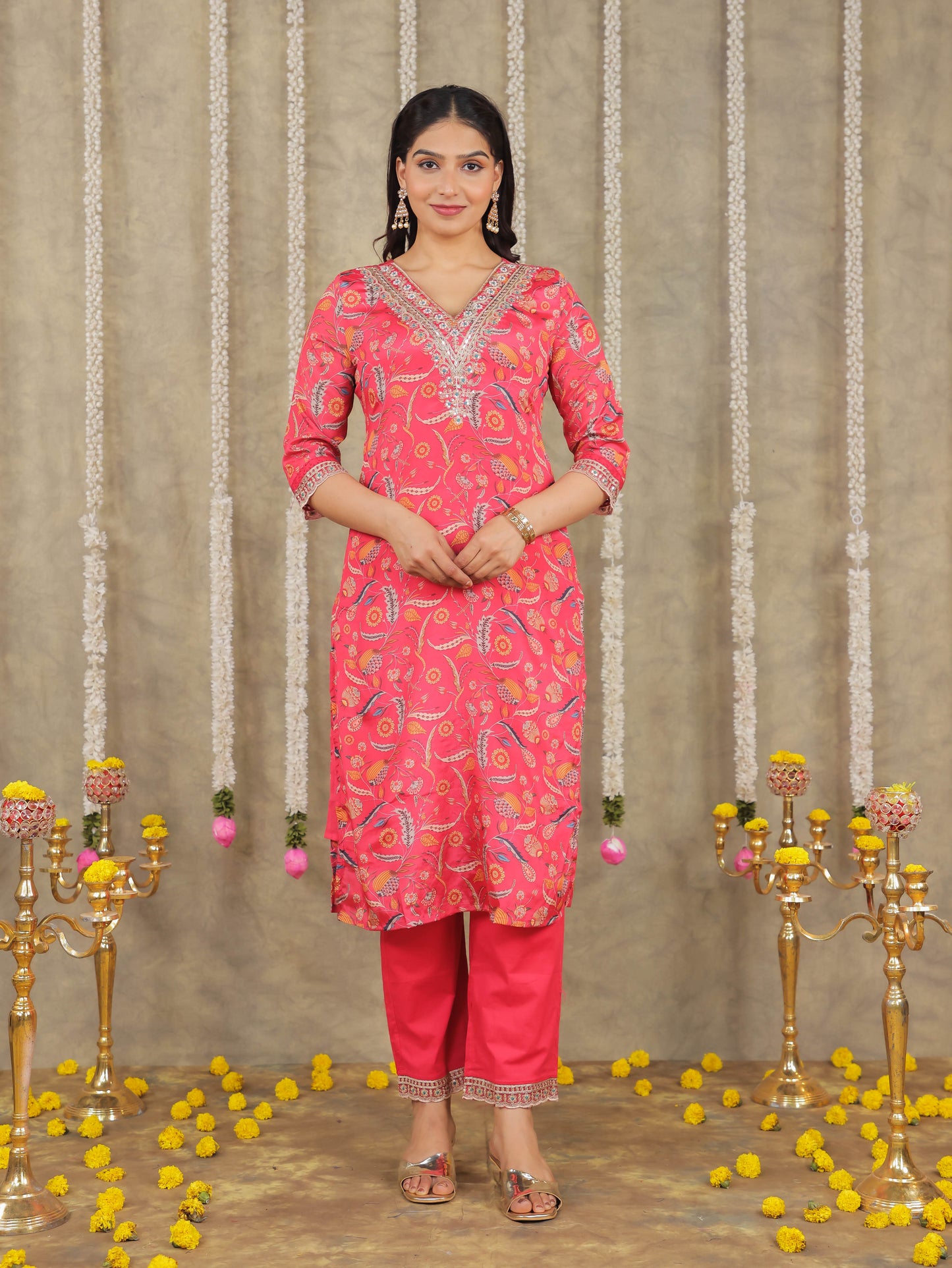 Embroidered Romen silk Floral Pink Kurta
