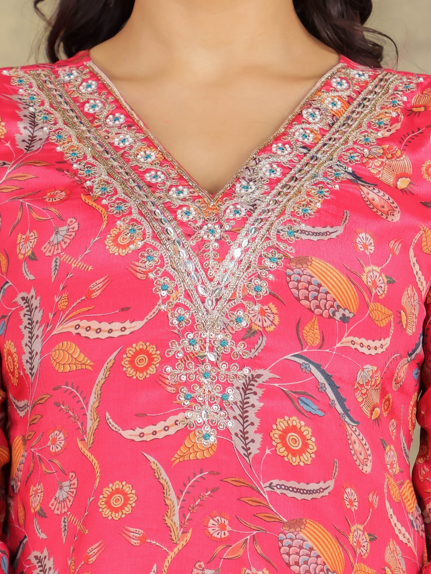Embroidered Romen silk Floral Pink Kurta