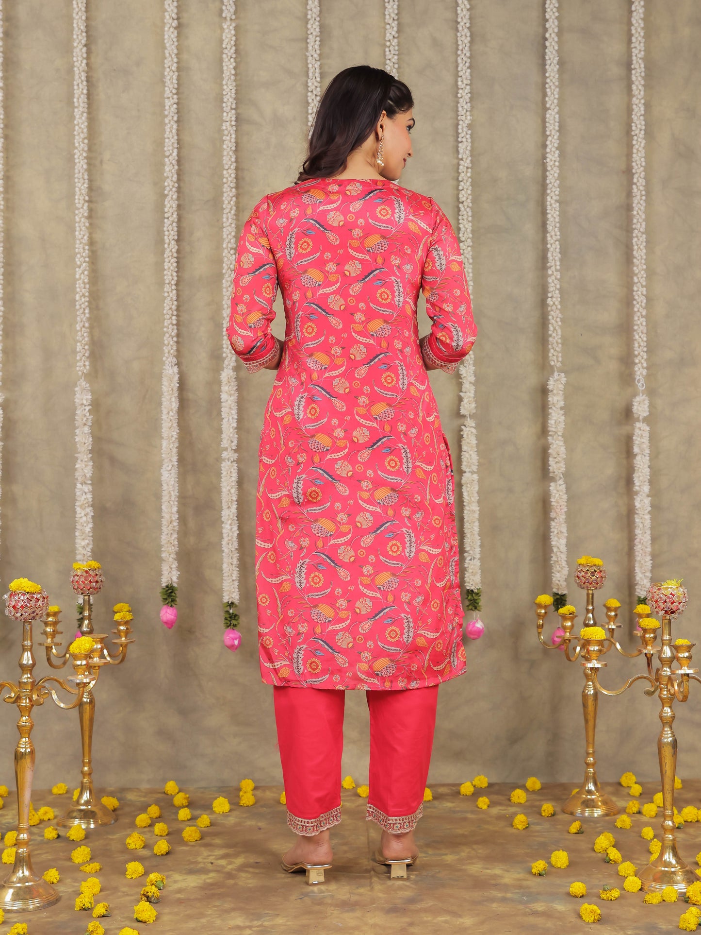 Embroidered Romen silk Floral Pink Kurta