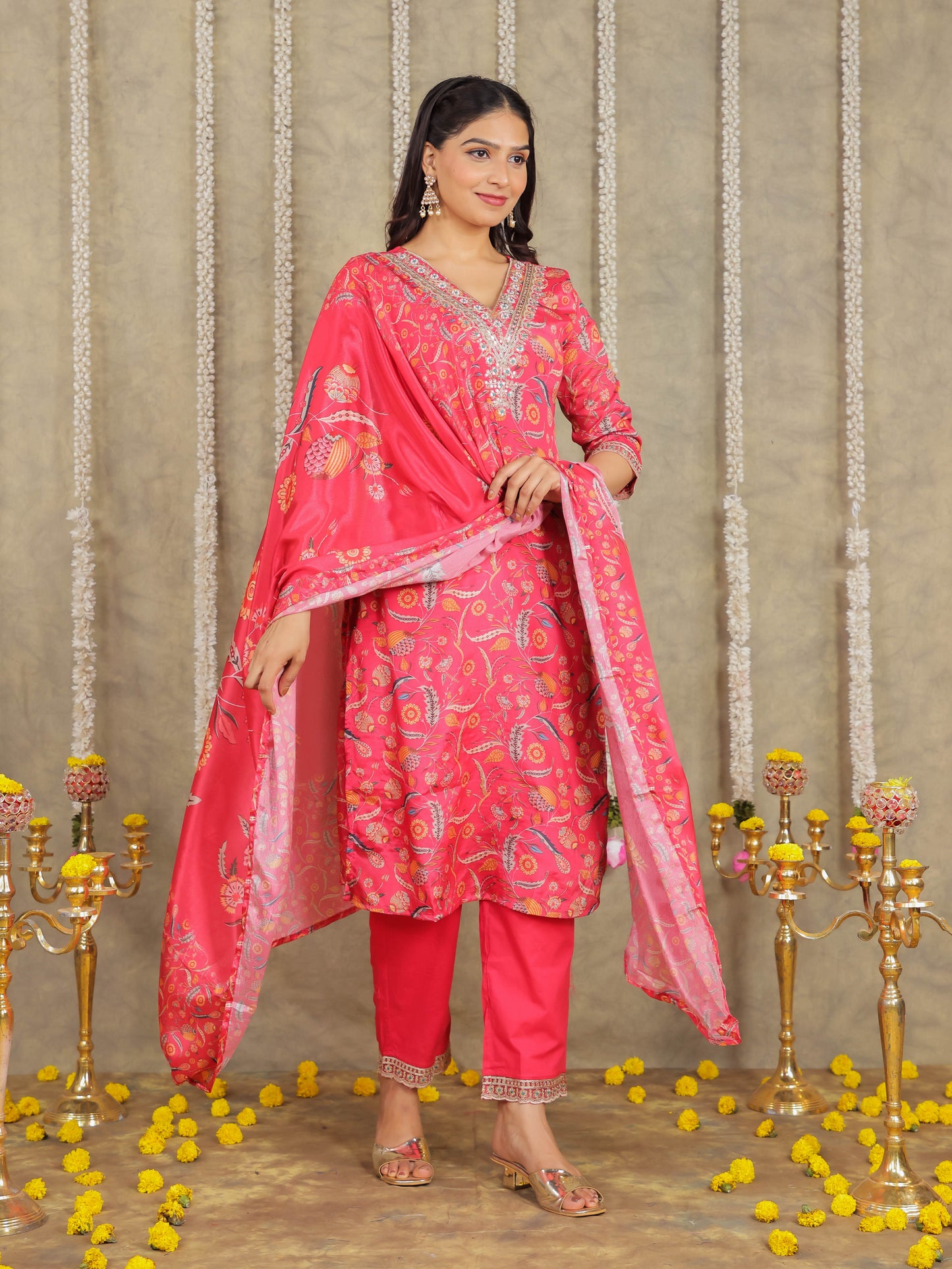 Embroidered Romen silk Floral Pink Kurta
