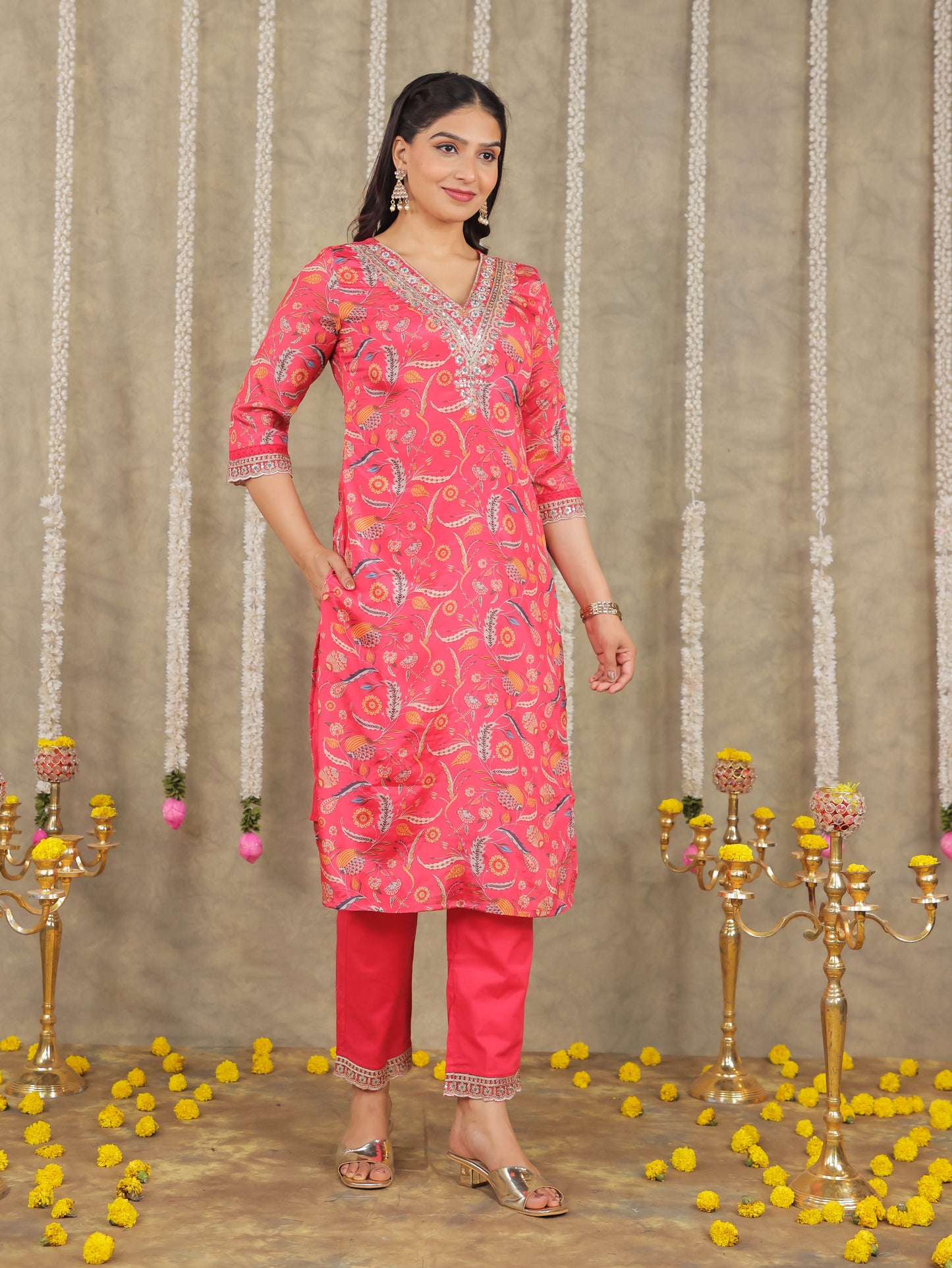 Embroidered Romen silk Floral Pink Kurta