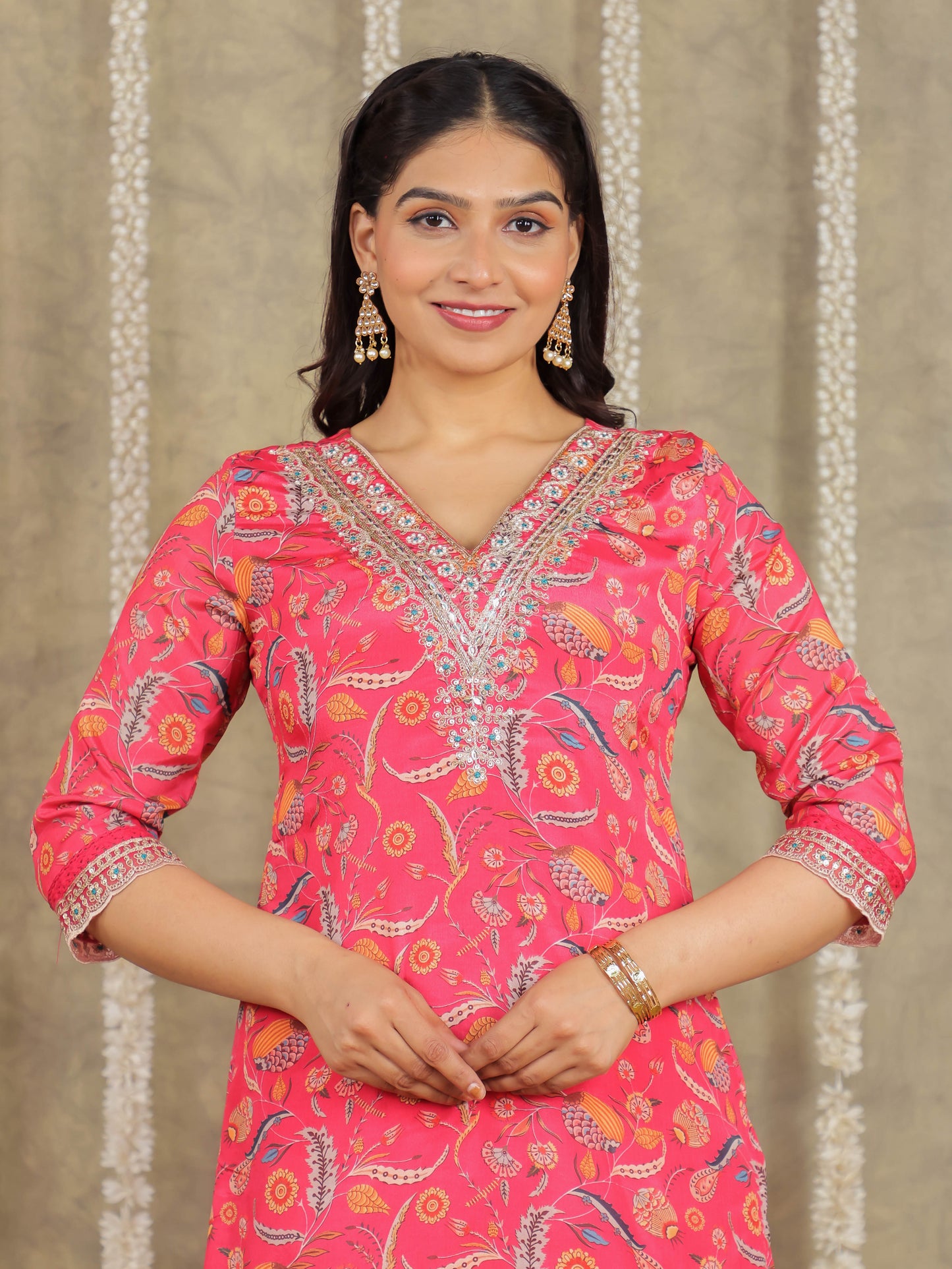 Embroidered Romen silk Floral Pink Kurta