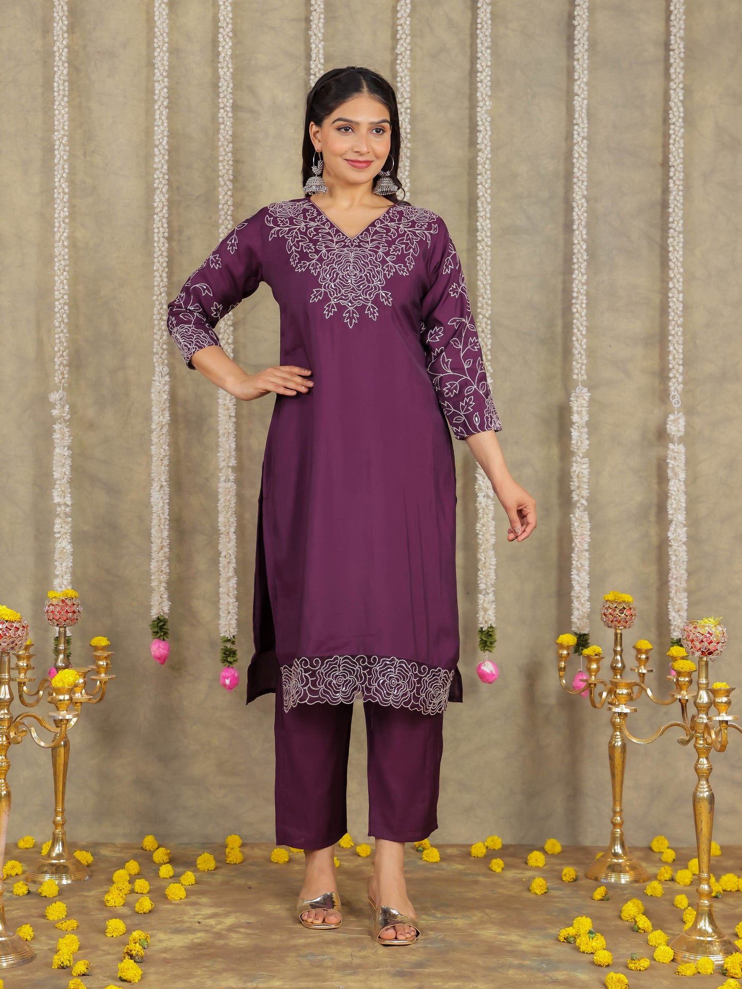 Embroidered Romen silk Solid Purple Kurta