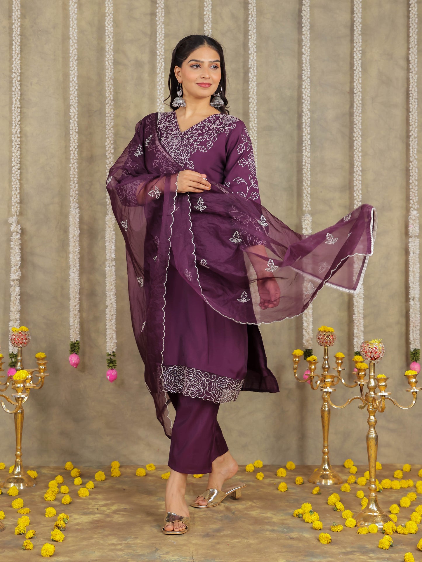 Embroidered Romen silk Solid Purple Kurta