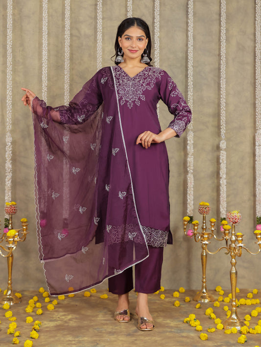 Embroidered Romen silk Solid Purple Kurta