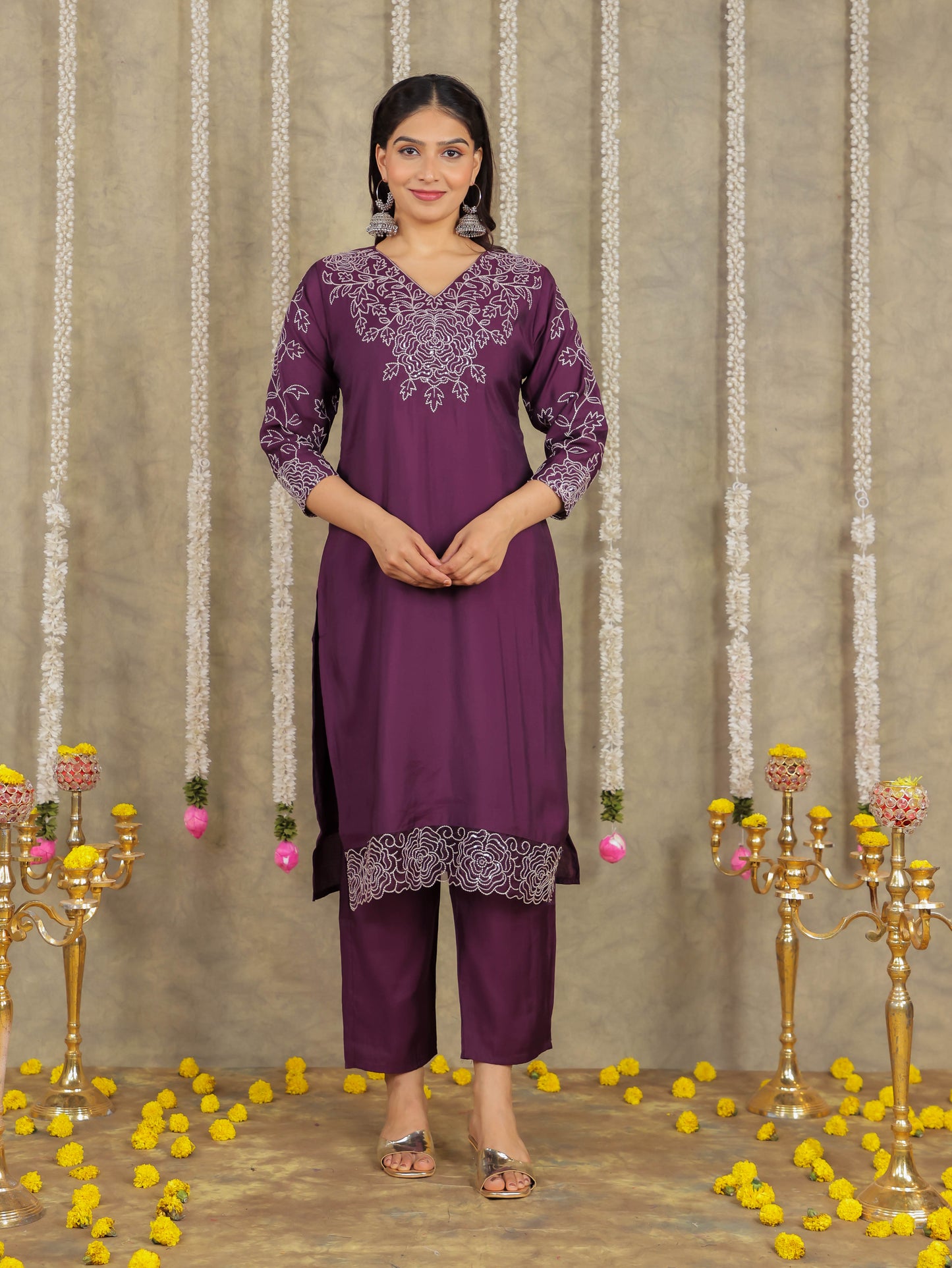 Embroidered Romen silk Solid Purple Kurta