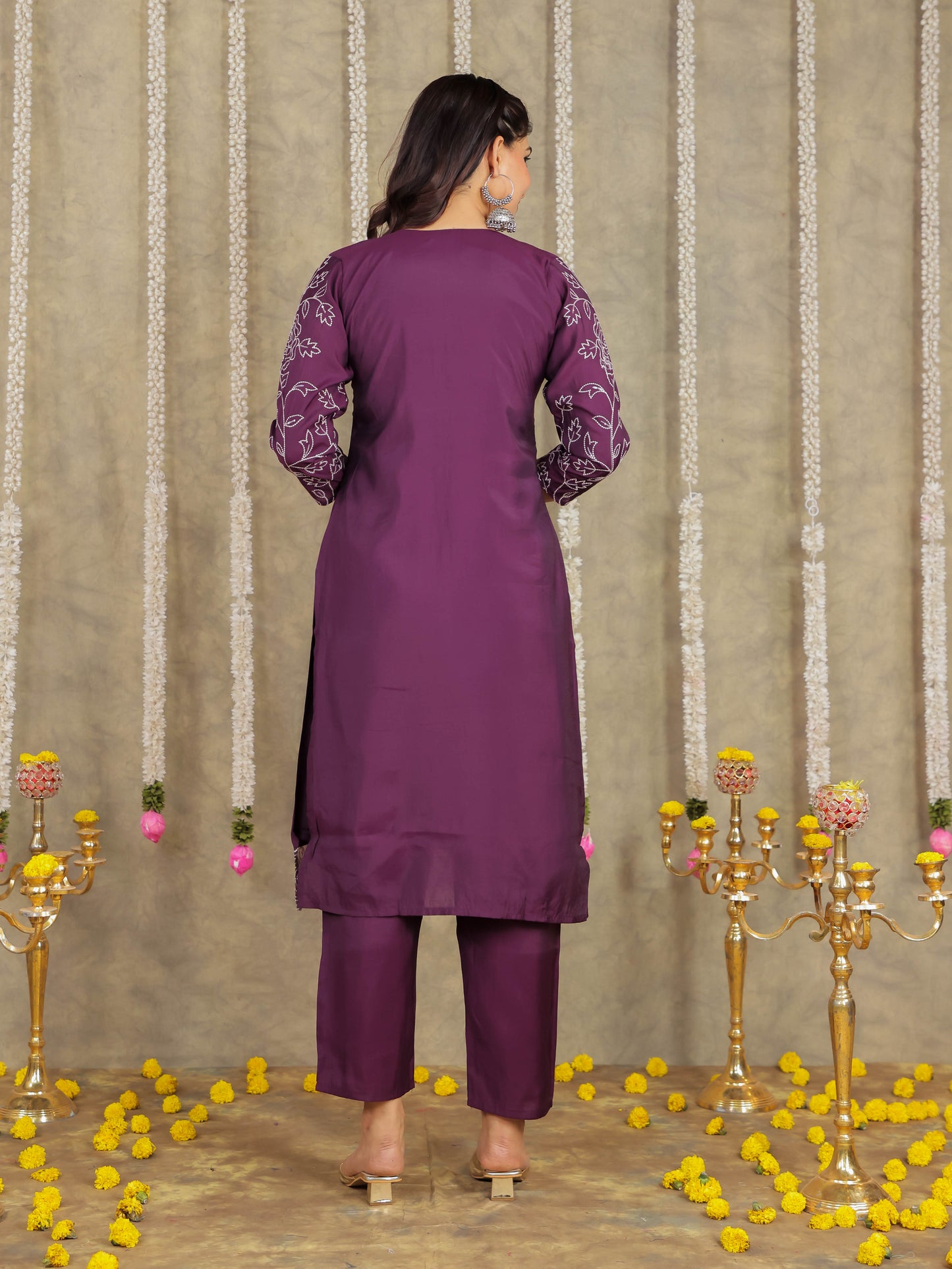 Embroidered Romen silk Solid Purple Kurta