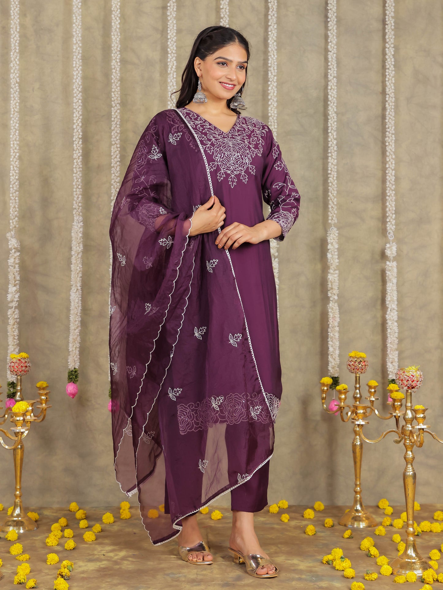 Embroidered Romen silk Solid Purple Kurta