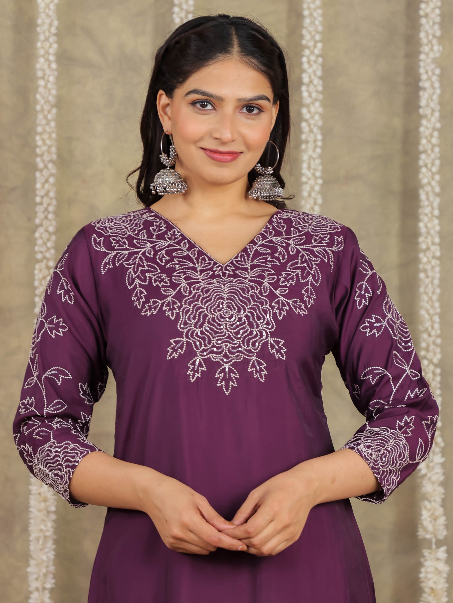 Embroidered Romen silk Solid Purple Kurta