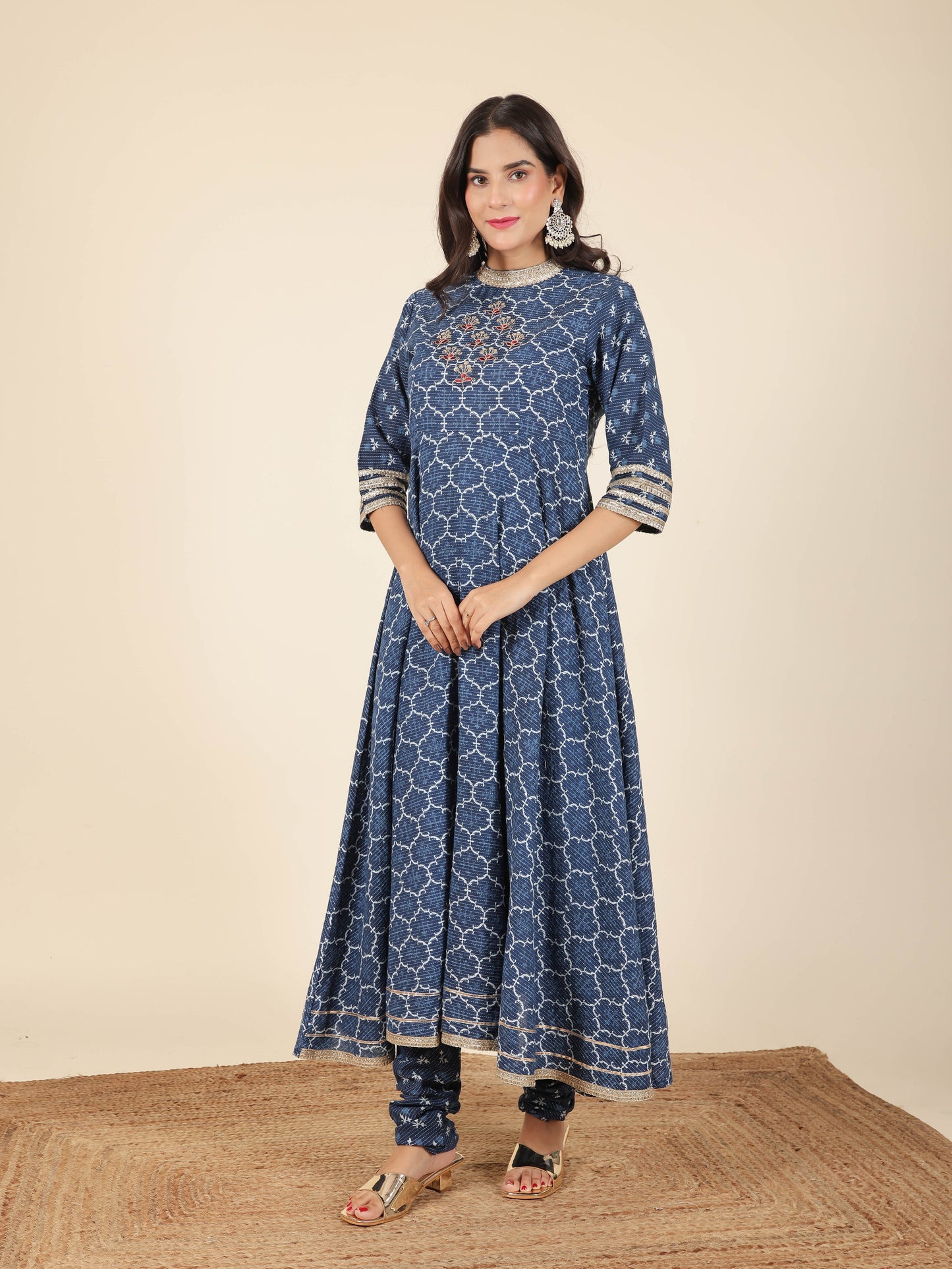 Kantha Cotton Geometric Flared Blue Kurta