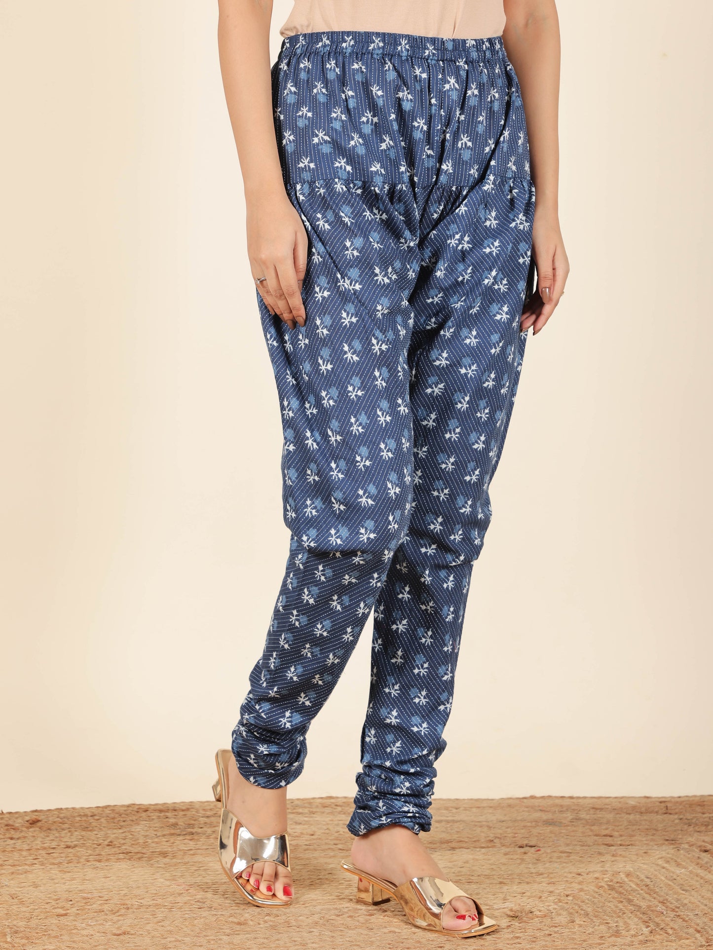 Kantha Cotton Geometric Flared Blue Kurta