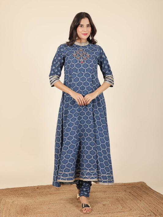 Kantha Cotton Geometric Flared Blue Kurta