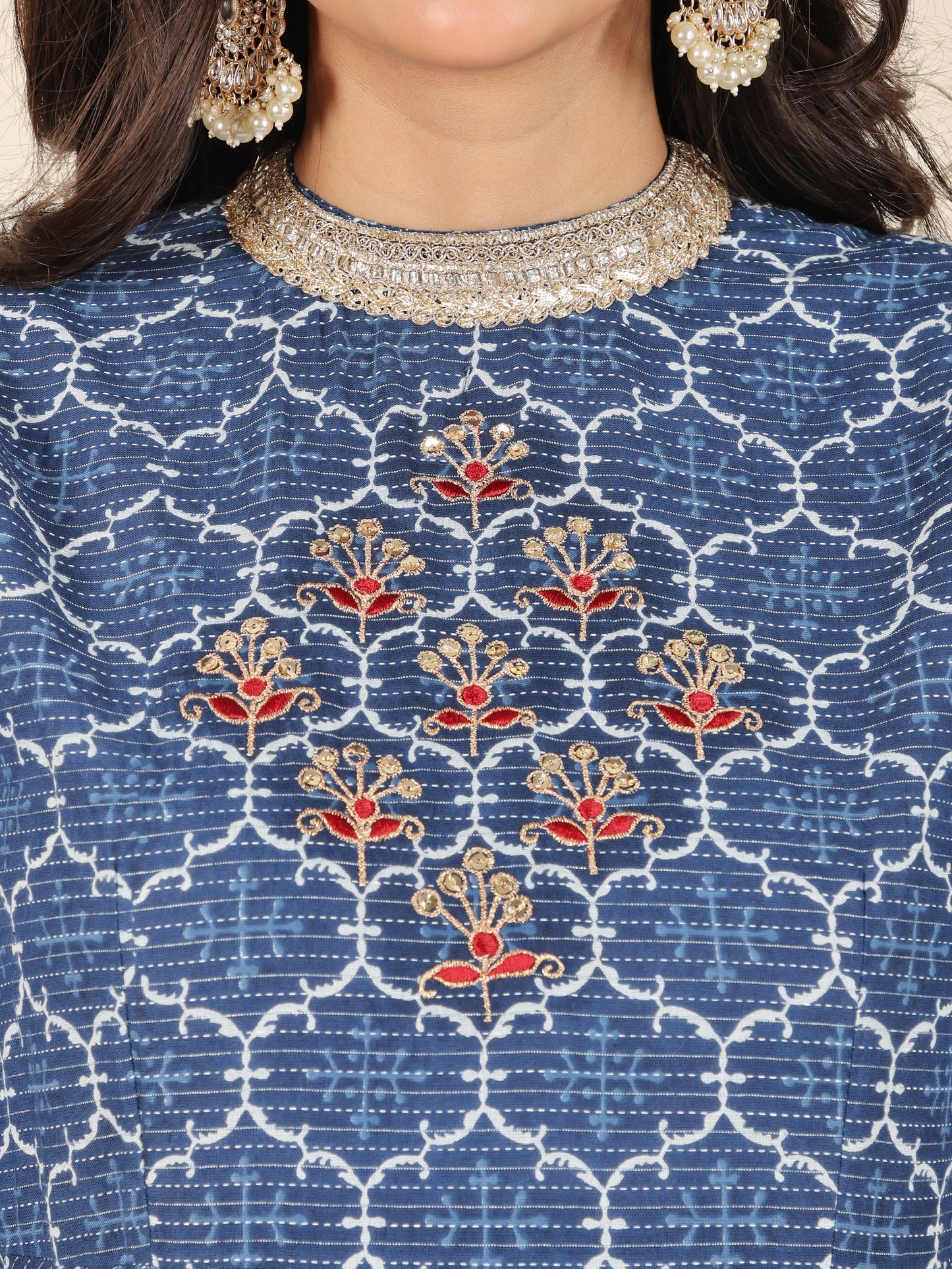Kantha Cotton Geometric Flared Blue Kurta