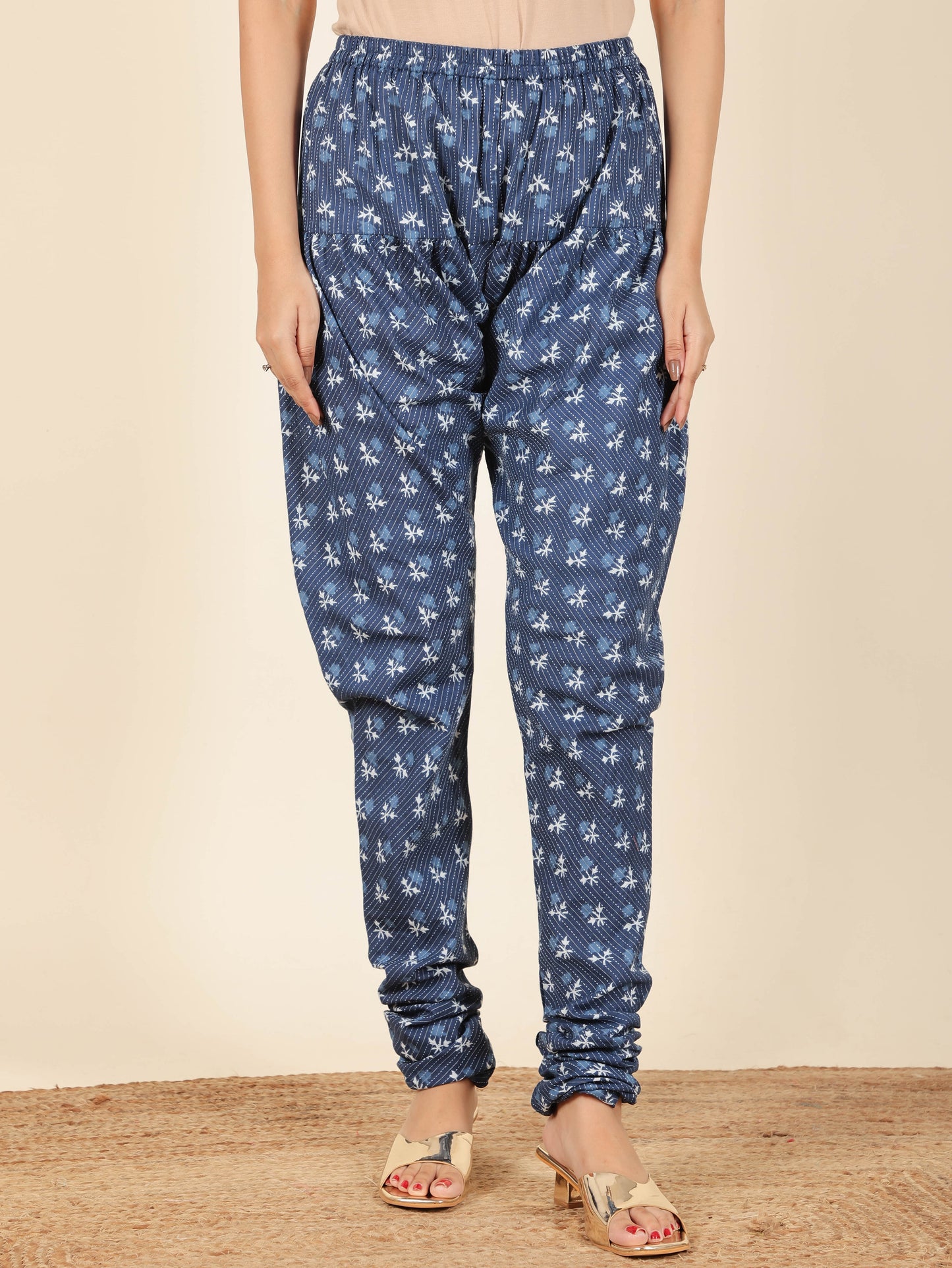 Kantha Cotton Geometric Flared Blue Kurta