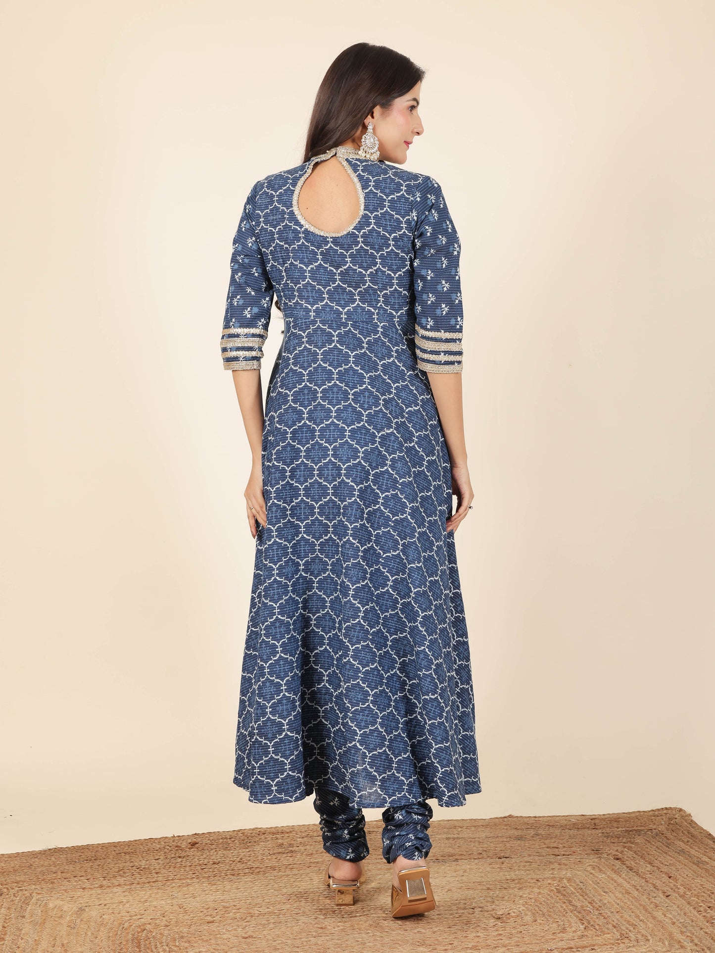 Kantha Cotton Geometric Flared Blue Kurta