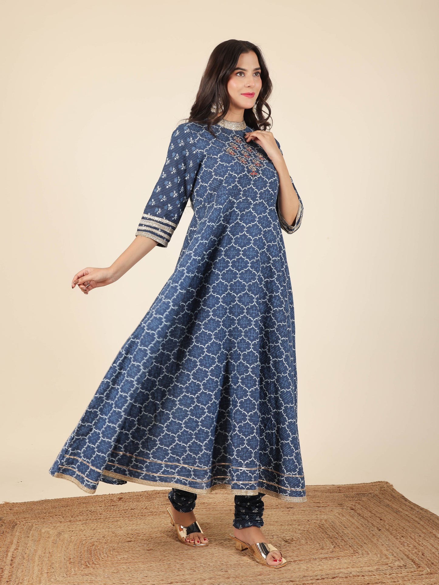 Kantha Cotton Geometric Flared Blue Kurta