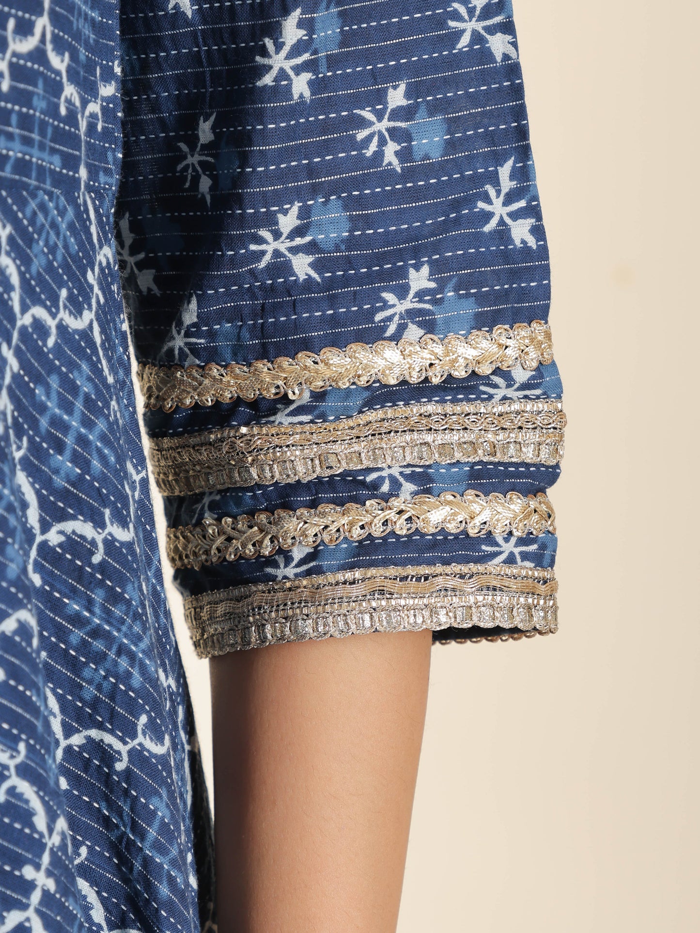 Kantha Cotton Geometric Flared Blue Kurta
