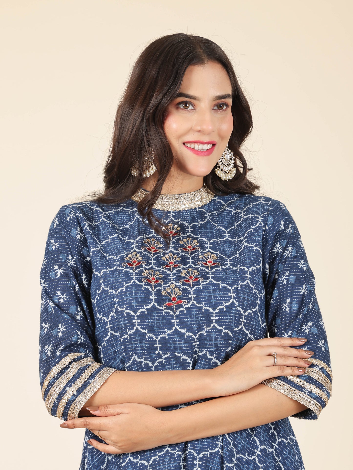 Kantha Cotton Geometric Flared Blue Kurta