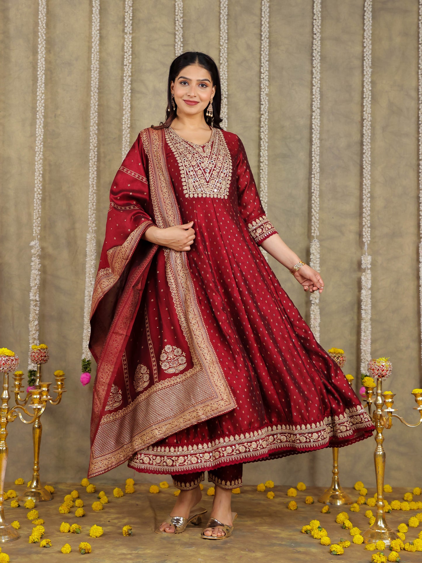 Embroidered Self Design Chanderi Solid Maroon Kurta