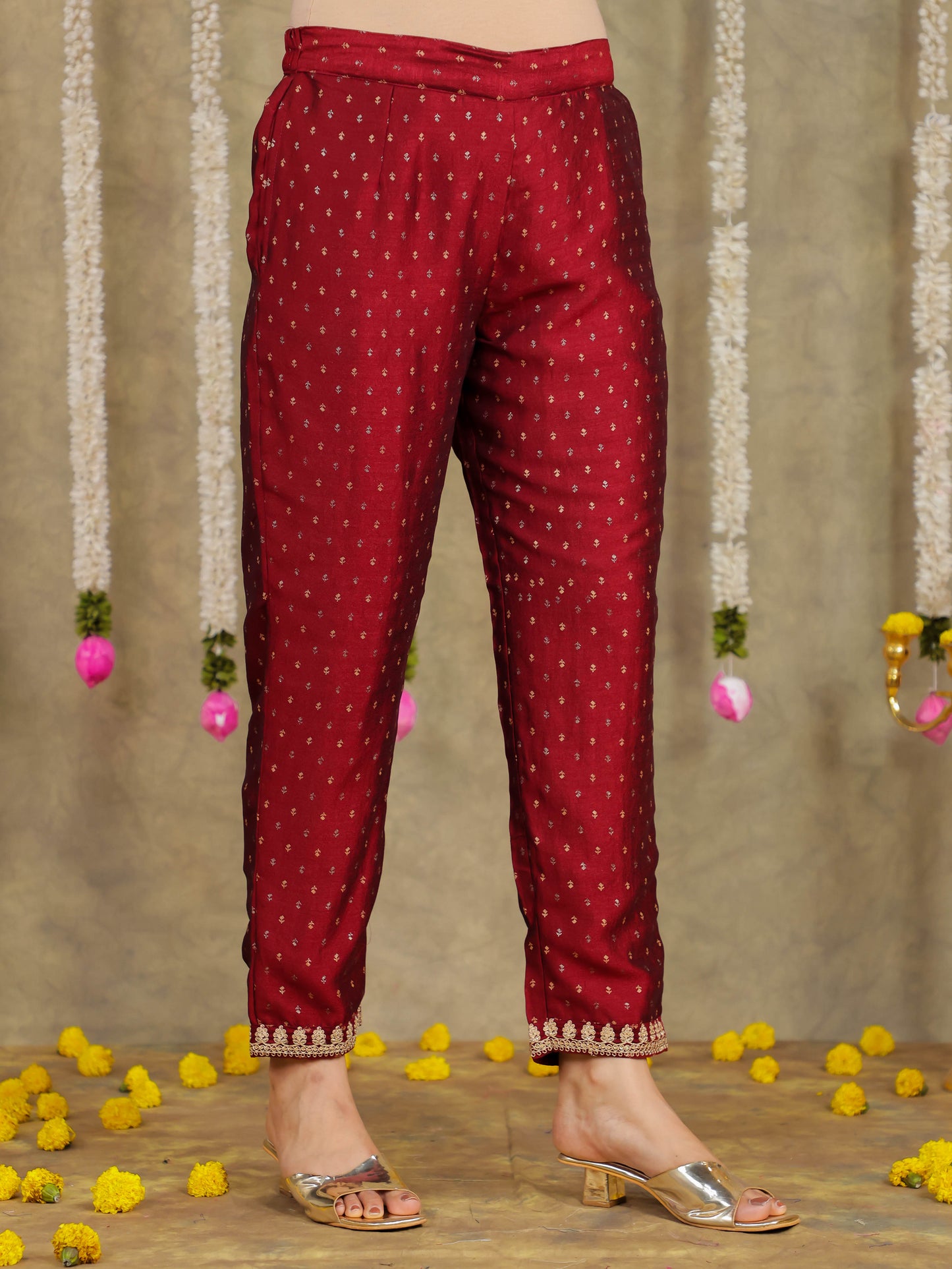 Embroidered Self Design Chanderi Solid Maroon Kurta