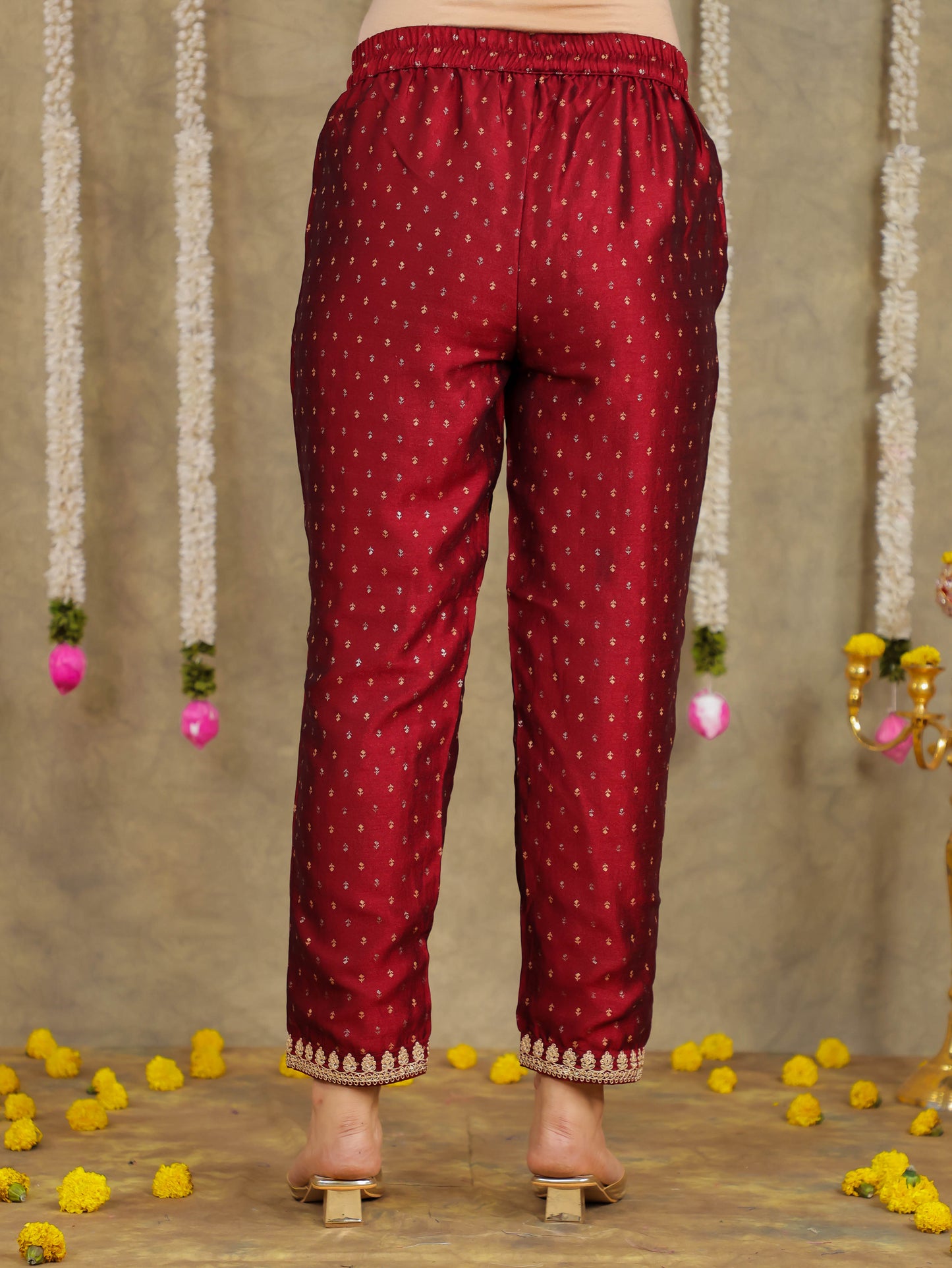Embroidered Self Design Chanderi Solid Maroon Kurta
