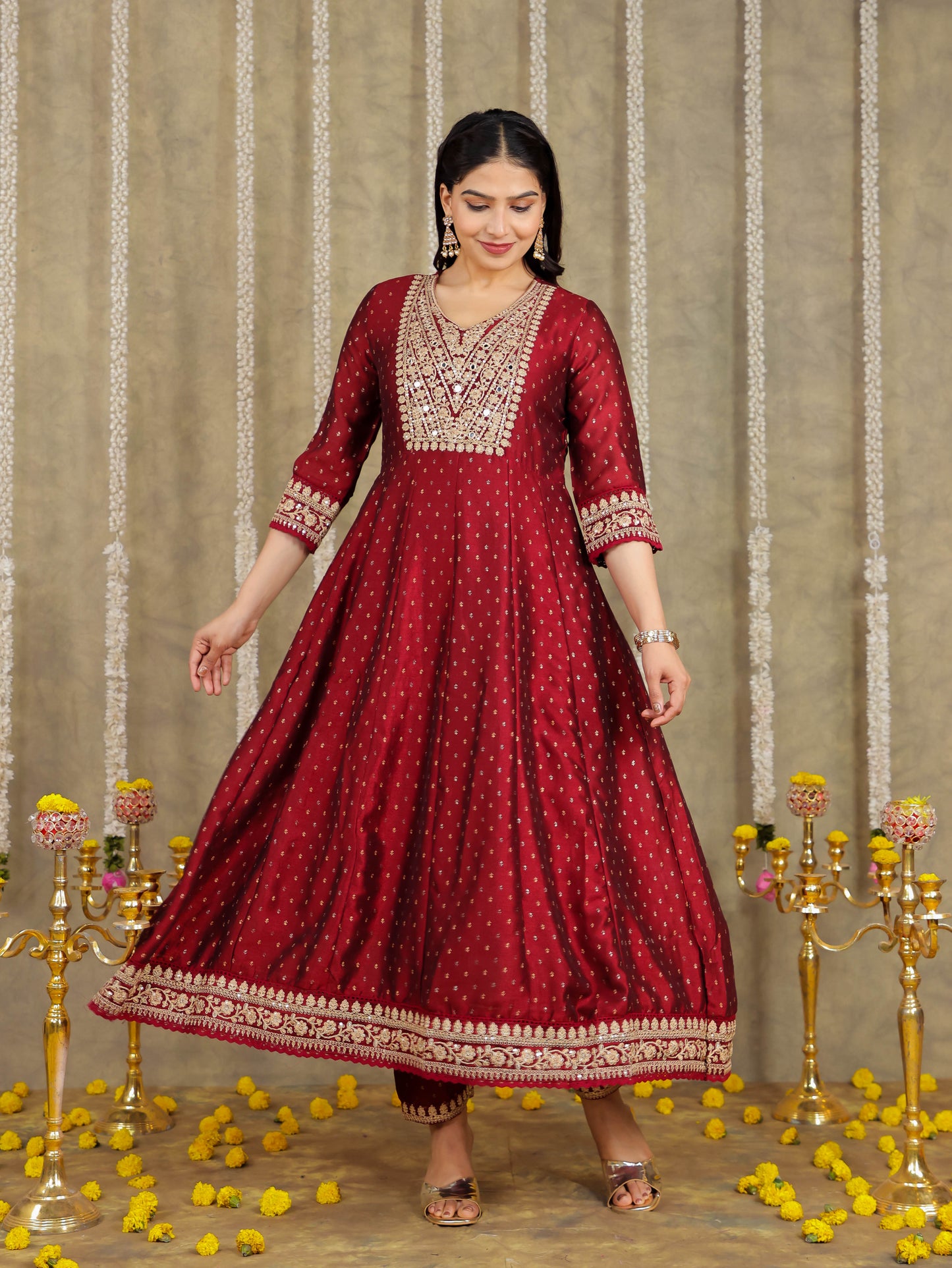 Embroidered Self Design Chanderi Solid Maroon Kurta