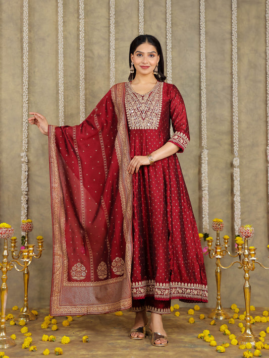 Embroidered Self Design Chanderi Solid Maroon Kurta