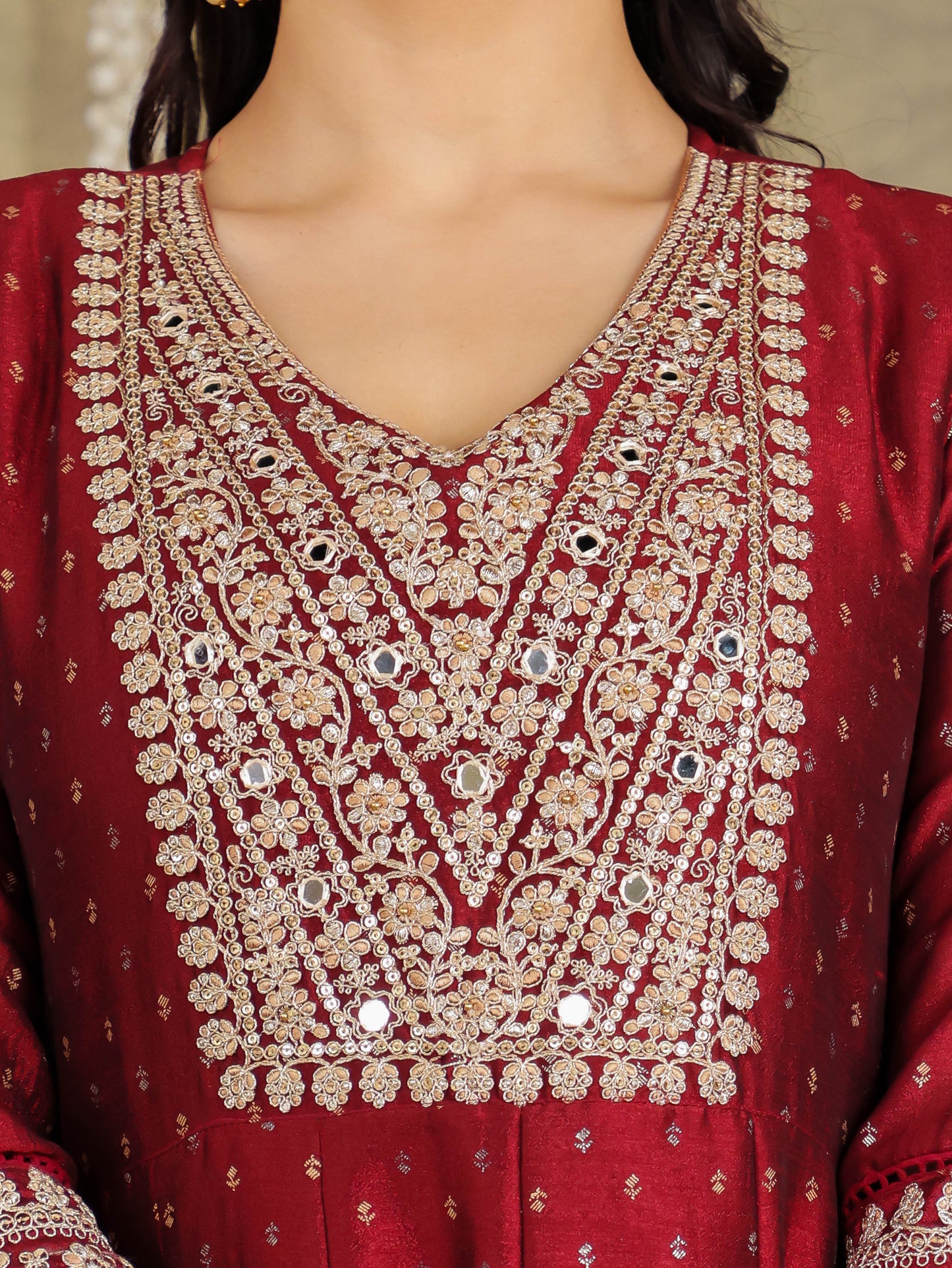 Embroidered Self Design Chanderi Solid Maroon Kurta