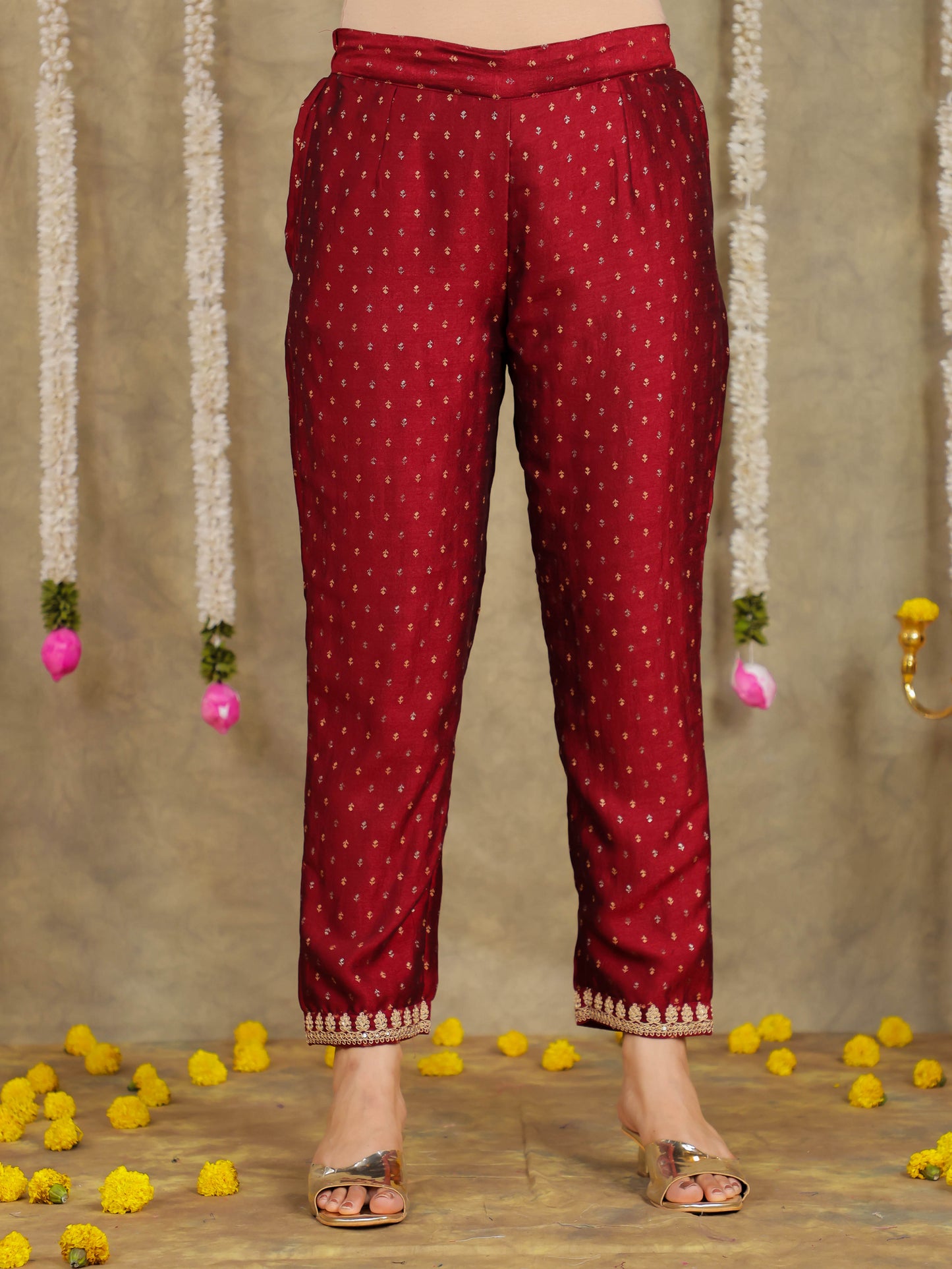 Embroidered Self Design Chanderi Solid Maroon Kurta