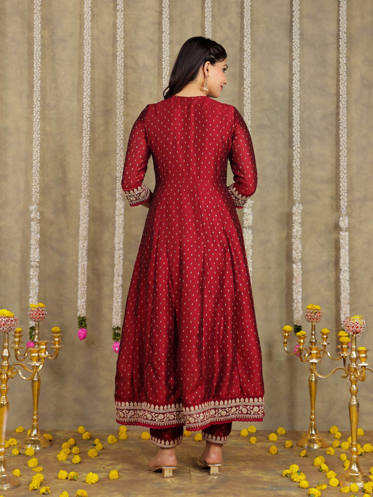 Embroidered Self Design Chanderi Solid Maroon Kurta