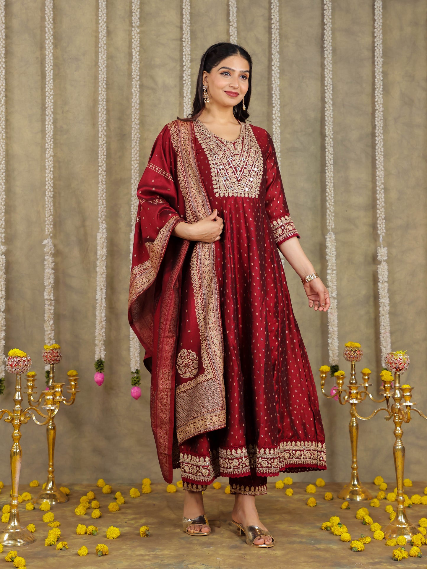 Embroidered Self Design Chanderi Solid Maroon Kurta