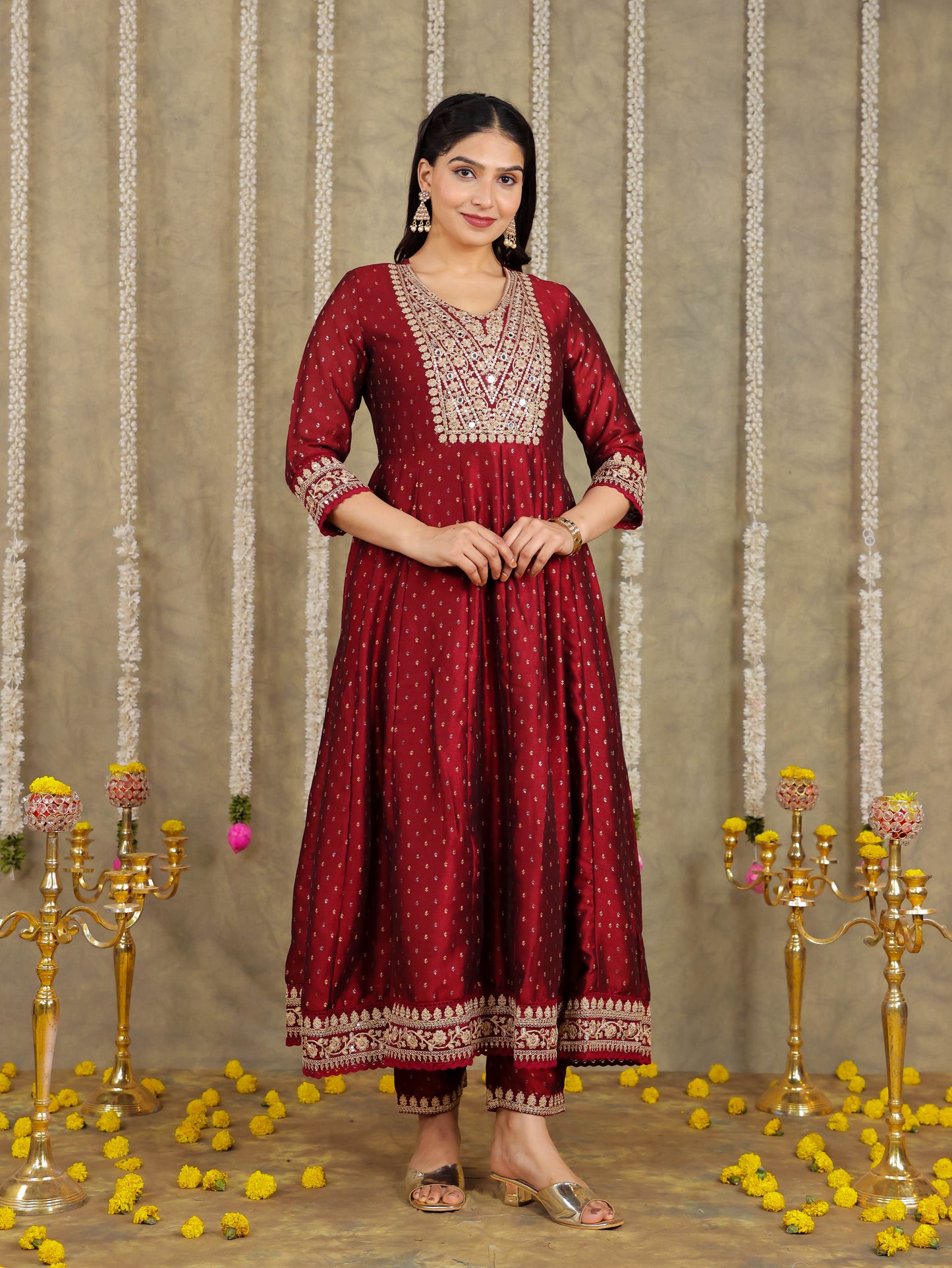 Embroidered Self Design Chanderi Solid Maroon Kurta