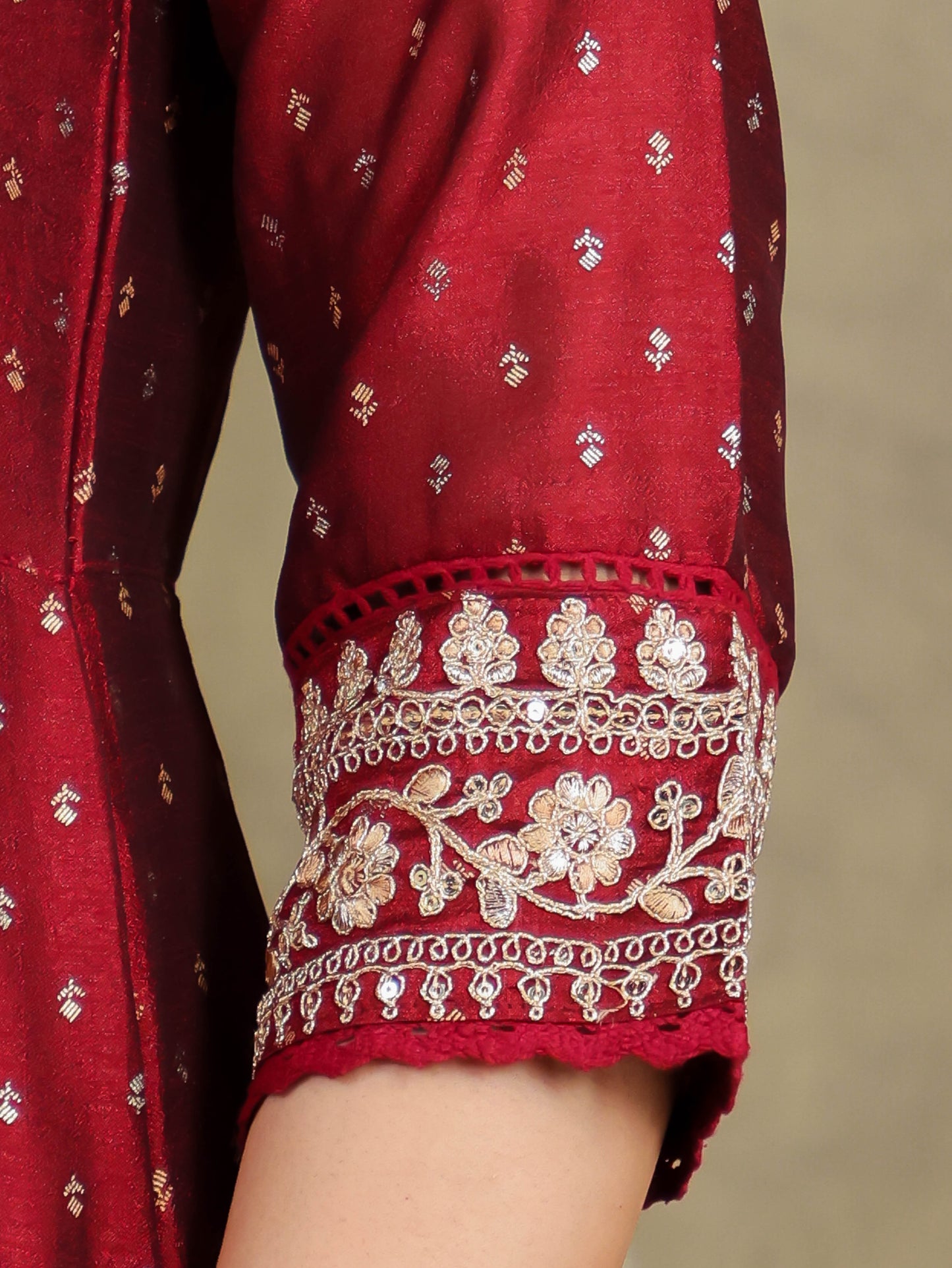 Embroidered Self Design Chanderi Solid Maroon Kurta