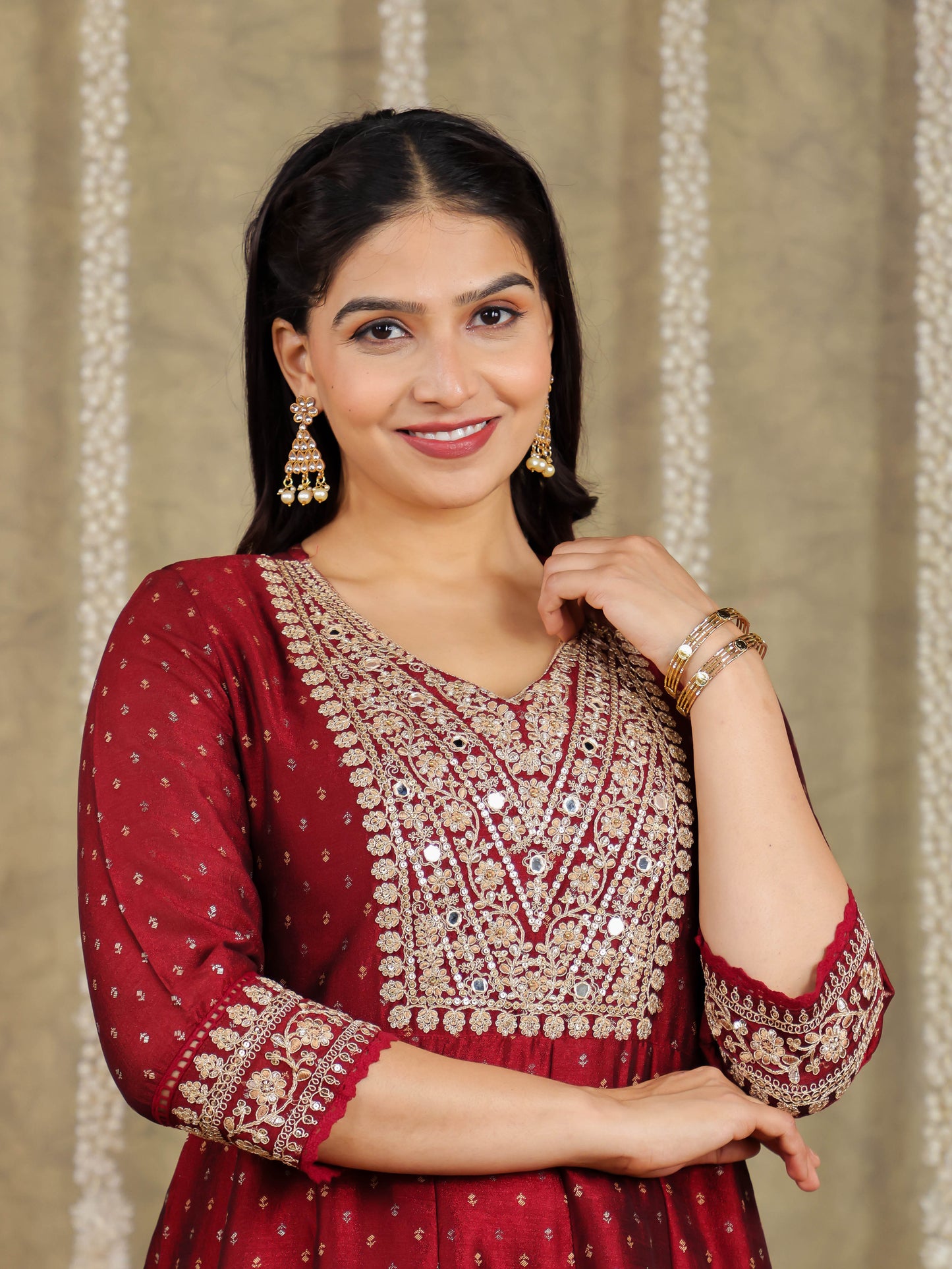 Embroidered Self Design Chanderi Solid Maroon Kurta