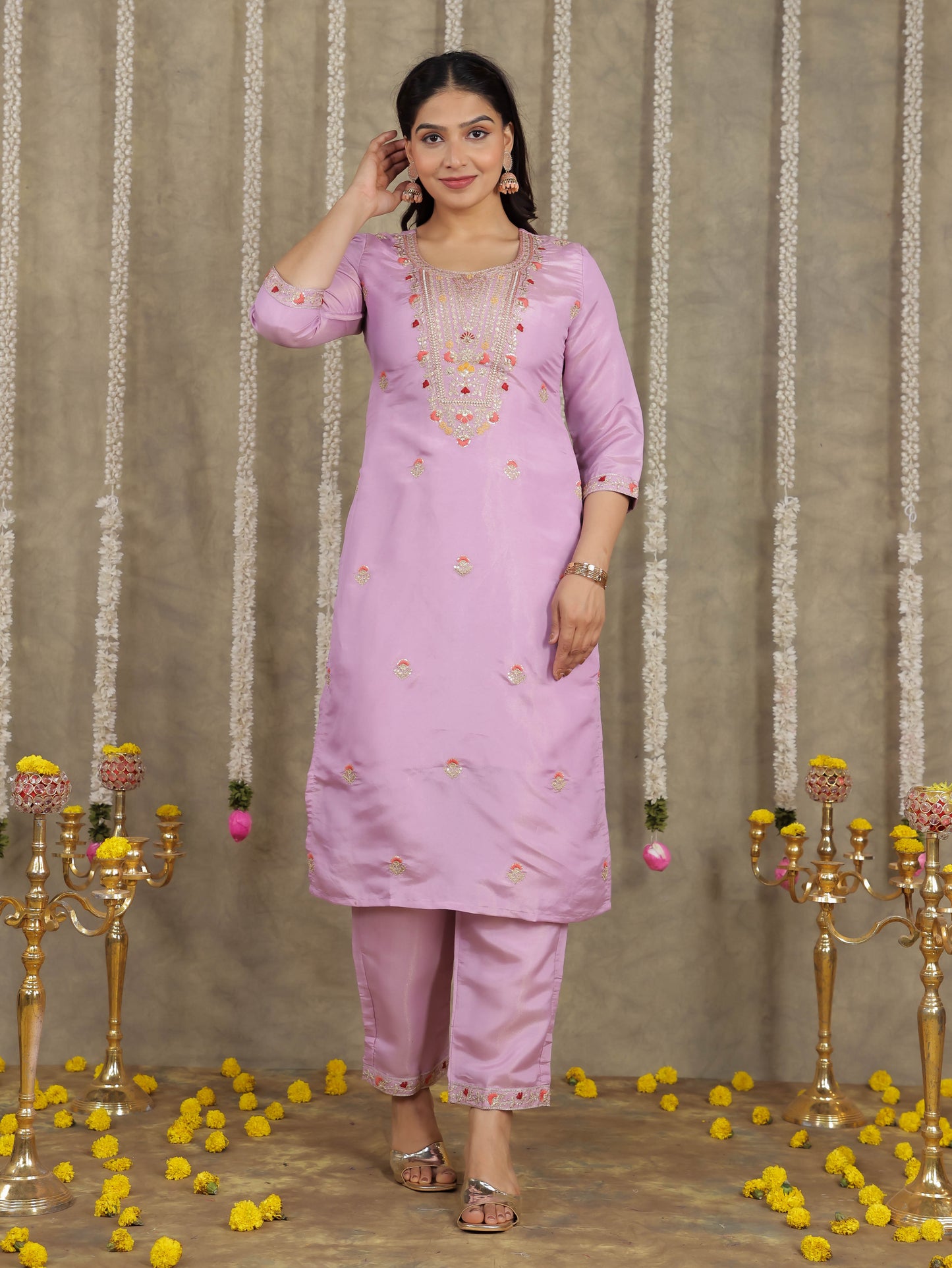 Embroidered Romen silk Solid Lavender Kurta